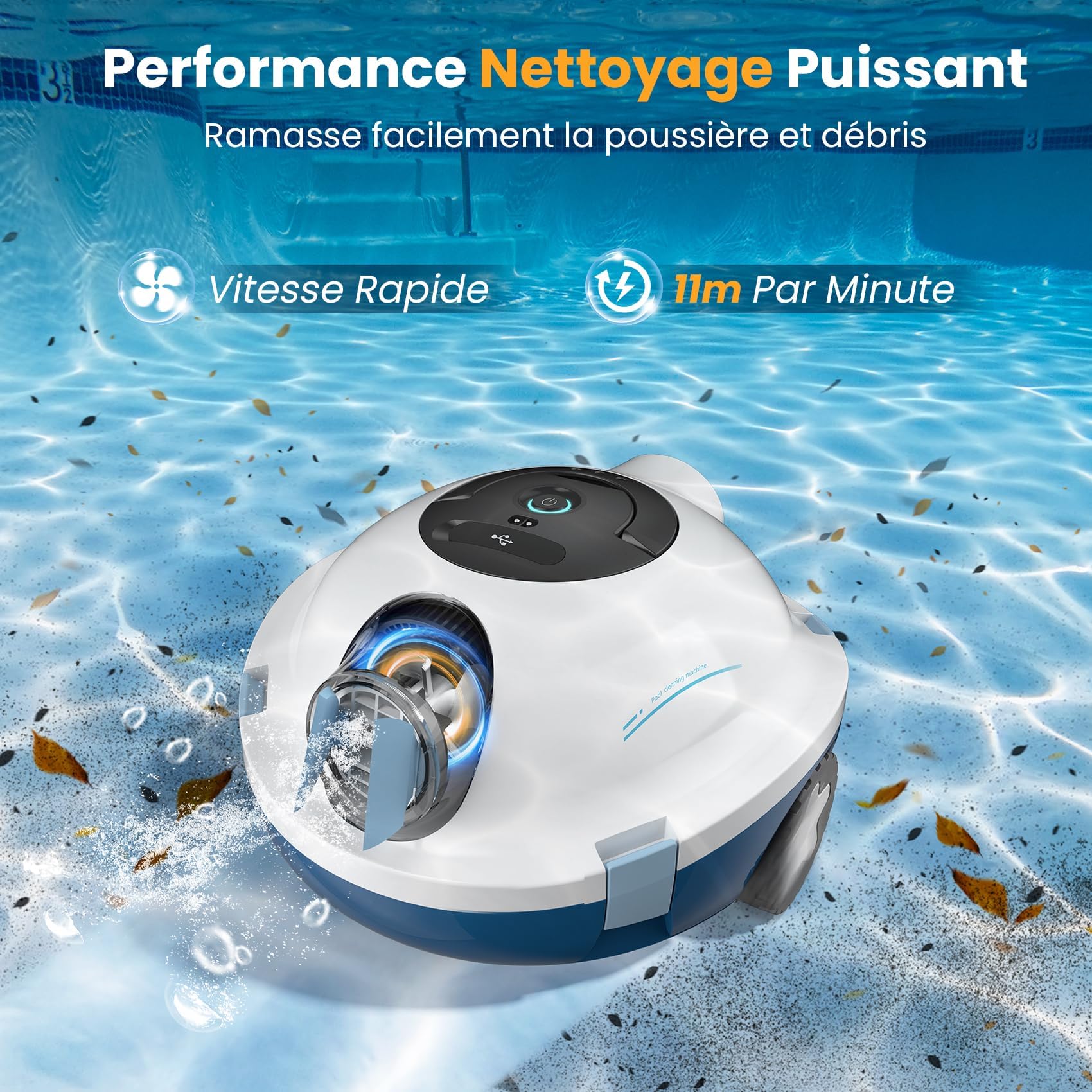 MEDOXA Robot Nettoyeur de Piscine sans Fil, aspirateur de Piscine Automatique, 120 Minutes d'autonomie, Auto-stationnement, Robot Piscine pour Fonds Plats Hors-Sol ou enterrés jusqu'à 100 m²（Blanc）