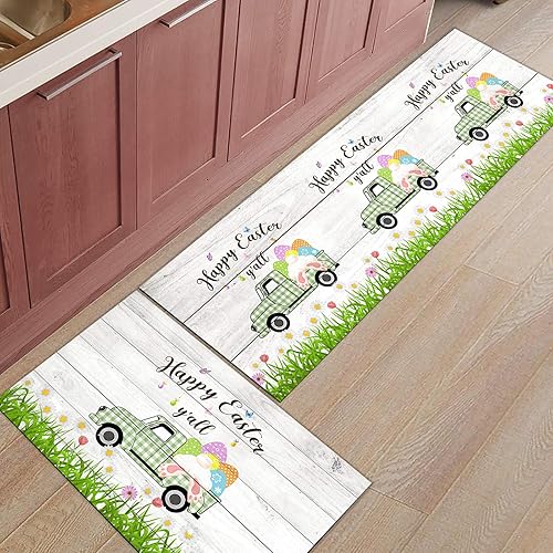Miniatura 7 de Kitchen Rug Sets of 2 - Absorbent Non-Slip Kitchen Mats Happy Easter Y'all Green Plaid Truck Easter Eggs Rabbit Retro Wooden Floor Comfort Mats