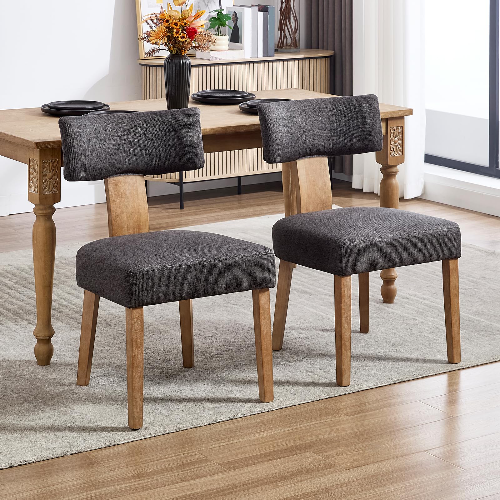 KHISCHMO Modern Dining Chair Set of 2 Linen Upholstered Kitchen Chairs with Back Armless Side Solid Wooden for Home, Restaurants,Dark Grey