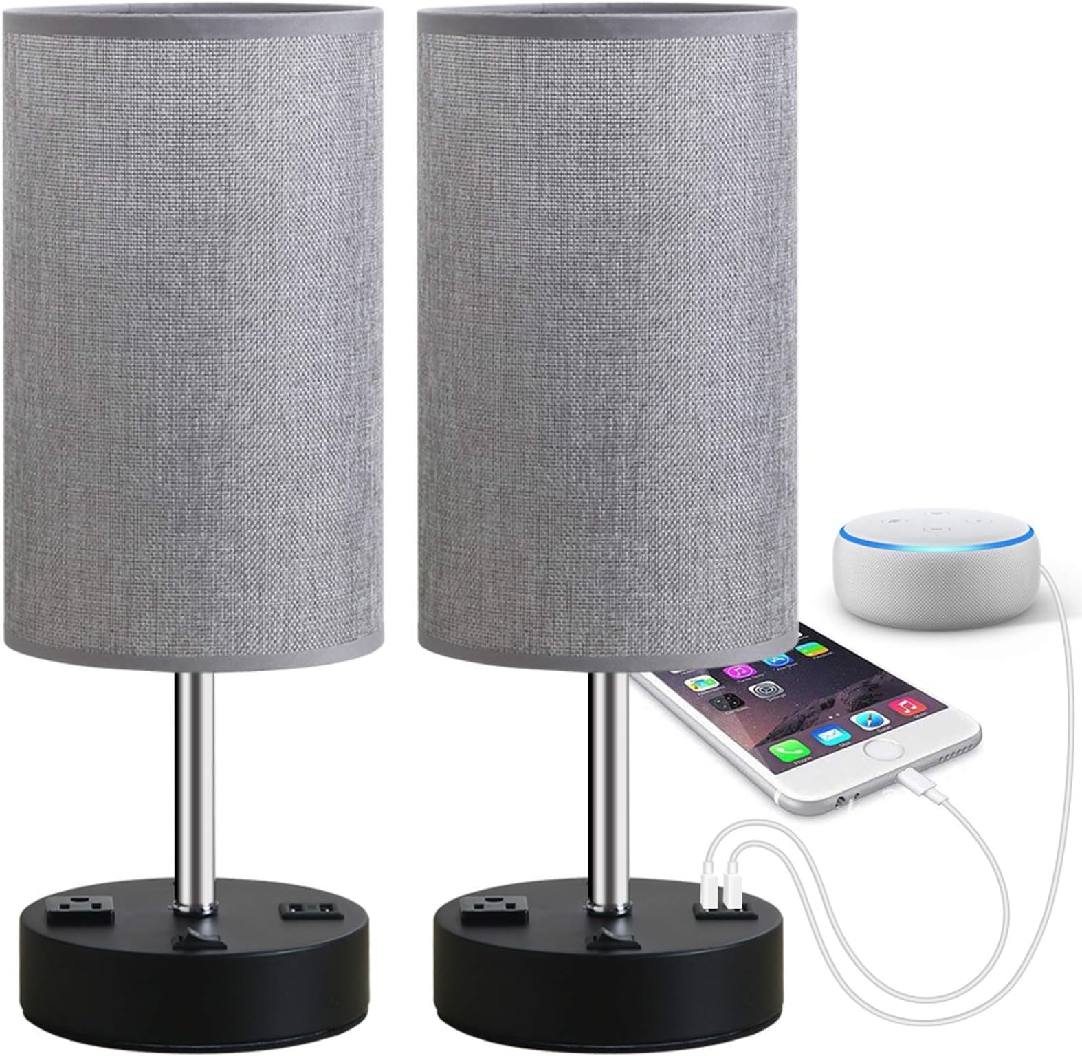 Table Lamp, Bedside Nightstand Lamps with Dual USB Charging Ports & an AC Outlet, USB Lamp Set of 2 with Gray Cylinder Shade, Stylish Desk Lamp for Bedroom Living Room Office (Grey)