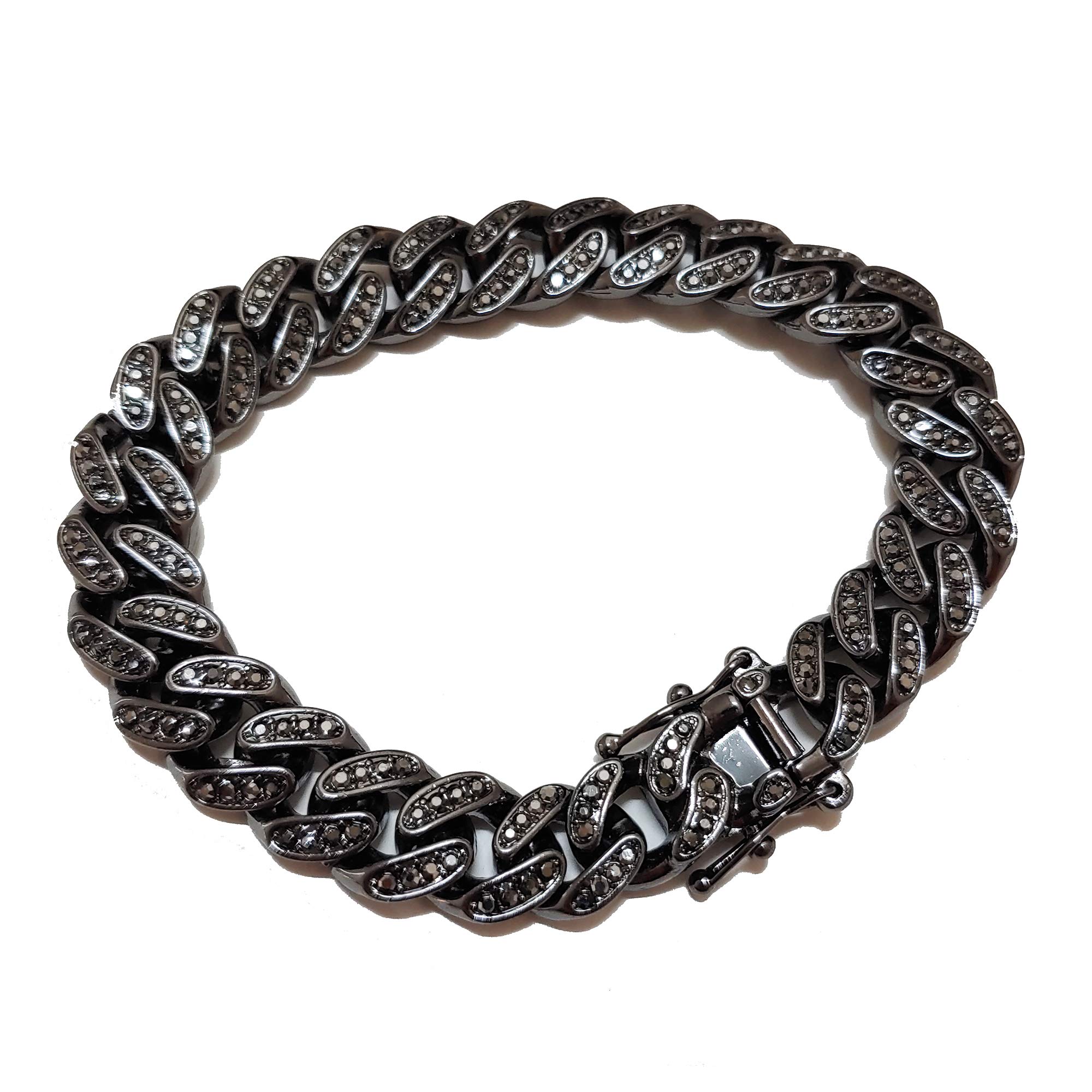 BLINGFACTORY Hip Hop Iced Black Hematite 12mm 8.5" Iced Box Lock Miami Cuban Chain Bracelet