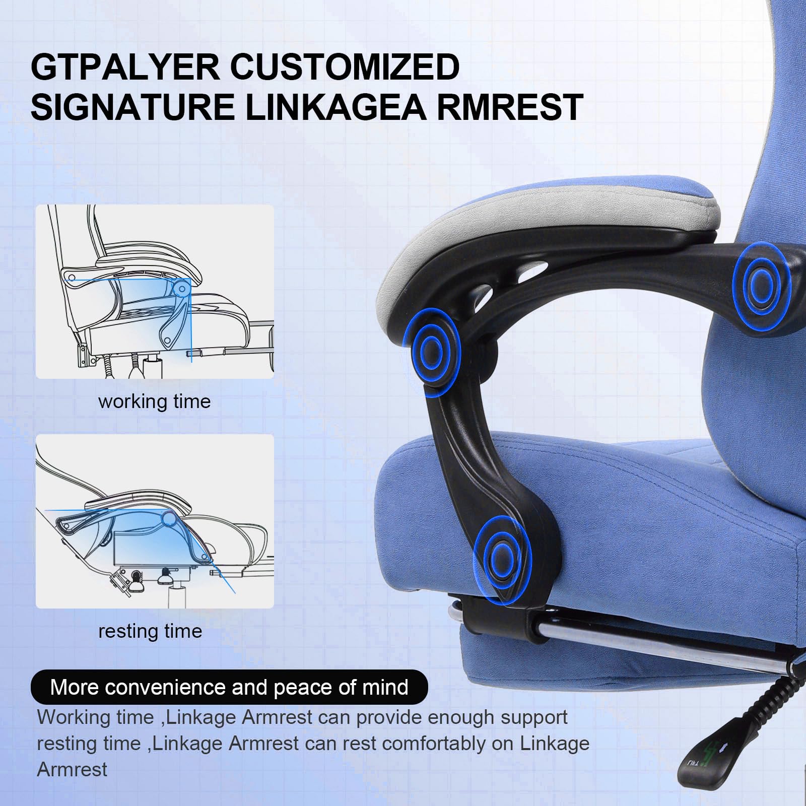 GTPLAYER Silla para Juegos, Silla de computadora con reposapiés y Soporte Lumbar, Silla de Juego Ajustable en Altura con Asiento Giratorio de 360° y reposacabezas para Oficina o Juegos, Color Azul