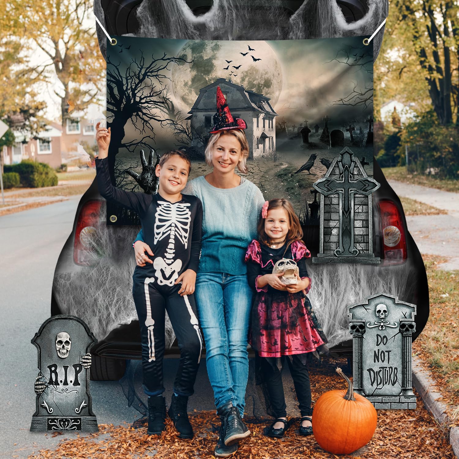 MGahyi Dekoracja garażu na Halloween z nagrobkami, pajęczyna do drzwi garażowych, łuku, samochodu, na zewnątrz, do bagażnika lub jako upominek (styl nagrobków)