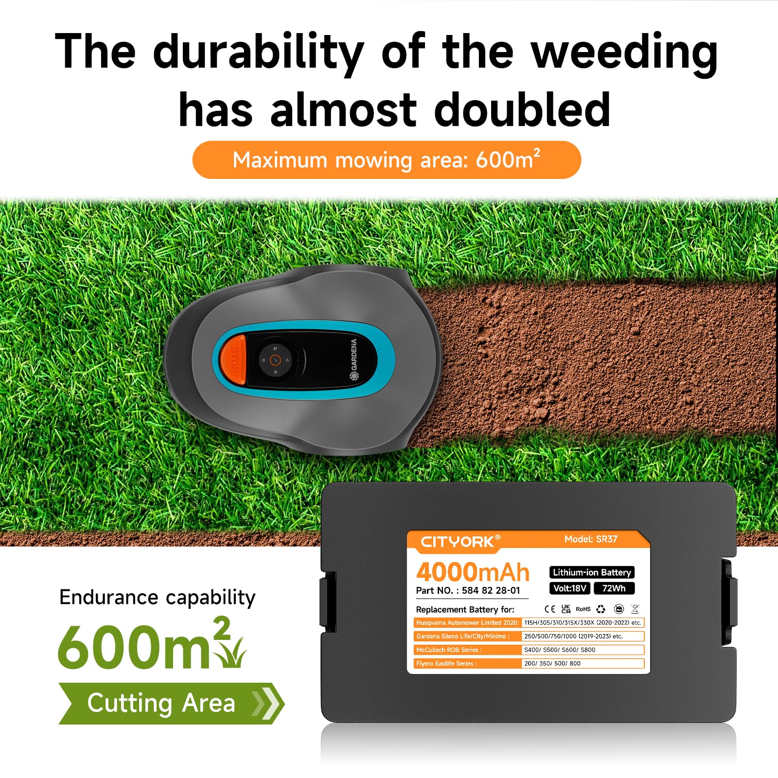 CITYORK Batteria di ricambio da 18 V, 4000 mAh, per Gardena Sileno Life/City/Minimo 250/500/750/1000 (2019-2023), per Husqvarna Automower Limited 115H/305/310/315X/330X (2022), robot tosaerba