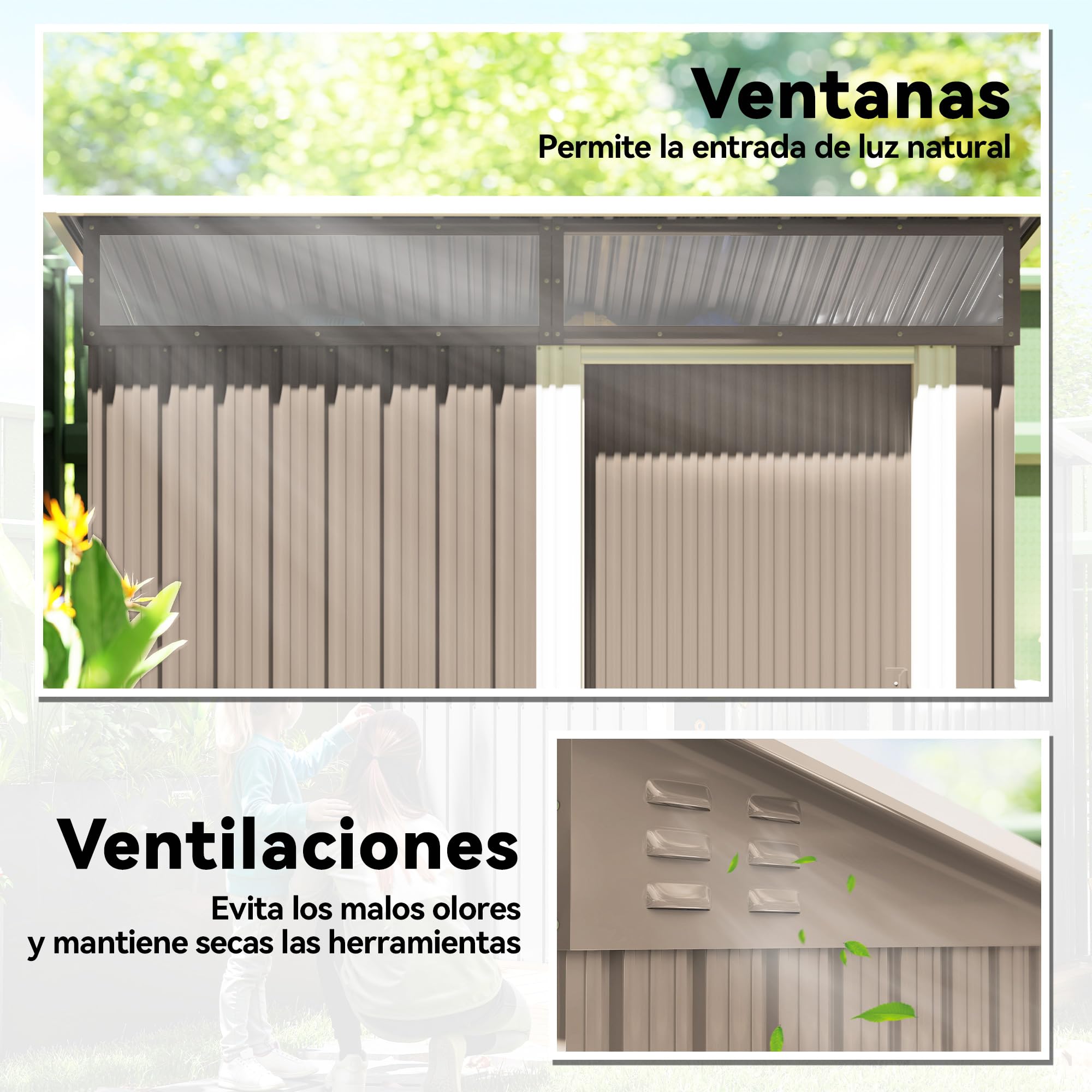 Outsunny Caseta de Jardín Exterior 1,9m² 195x122x182 cm Marrón | Cobertizo de Jardín Exterior, Base Refuerzo, Suelo NO Incluido, Puerta Corredera, Ventanas, para Patio