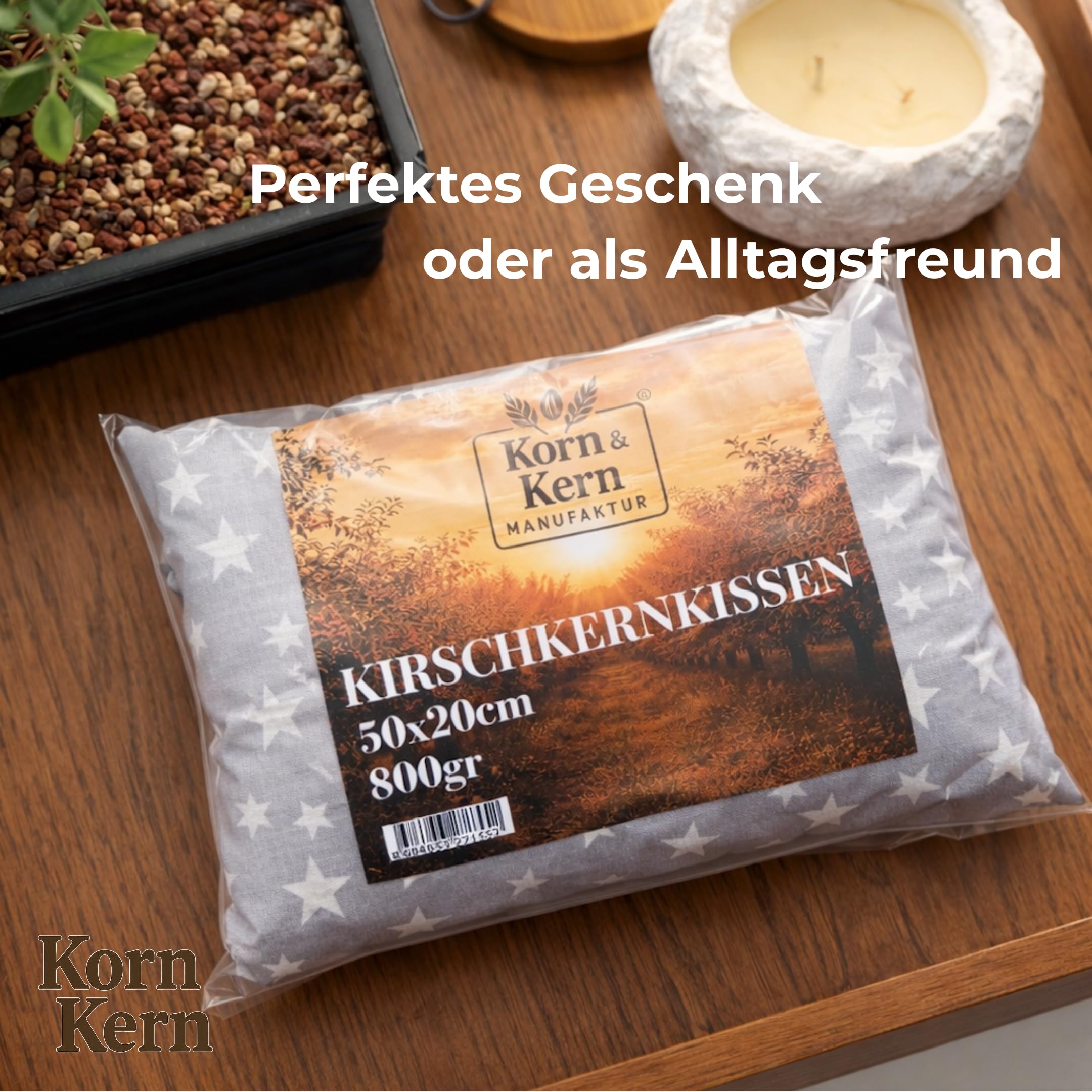 KORN&KERN Manufaktur Cojín térmico de huesos de cereza, 20 x 50 cm, 800 g, apto para microondas, cojín térmico natural con huesos de cereza, diseño de estrellas, alternativa a botellas de agua