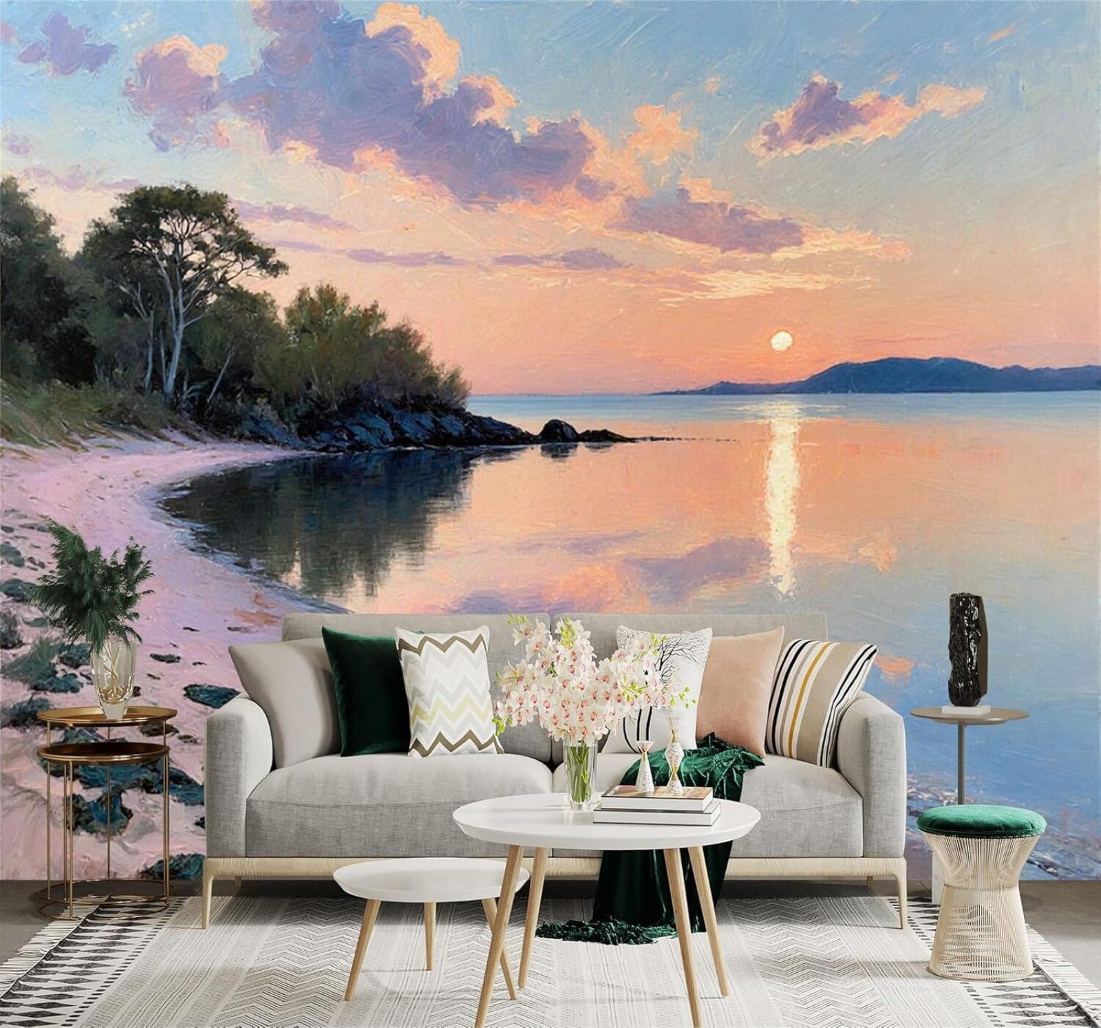 XLMING Sunset Beach Calm Sea Pink Sky Clouds Reflected 3D Wallpaper Silky Texture Home Study Office Grey Dining Room Sofa Bedroom Living Room TV Backdrop-250cm×170cm