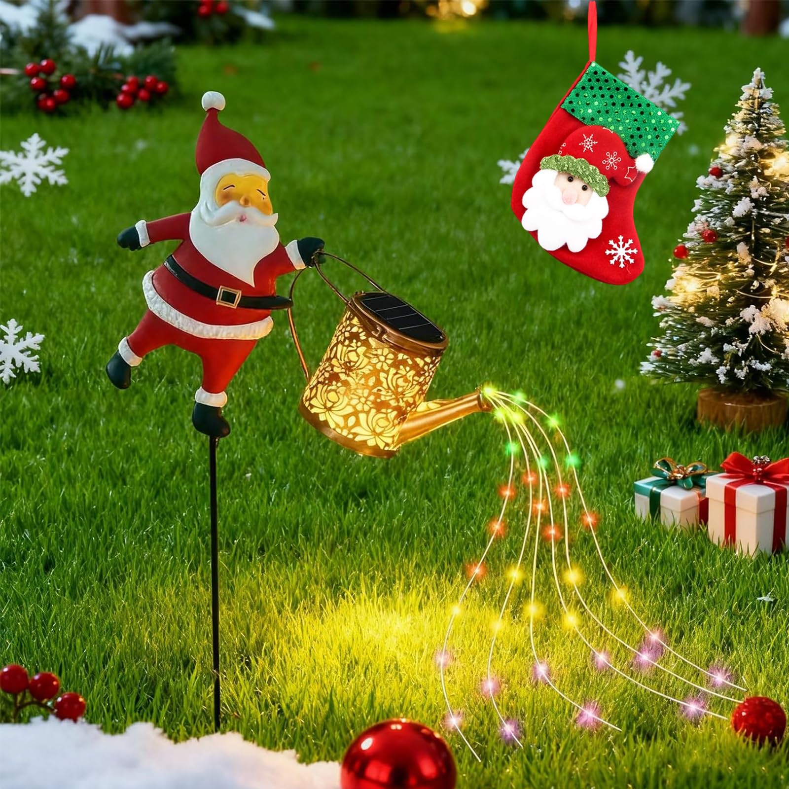 Gienslru Christmas Solar Kettle Lights Garden Lawn Decorative Lights, Santa Kettle Ground Lamp, Hanging Metal Santas Watering Can LED Light, for Outdoor Patio Path Walkway Decoration (Color)