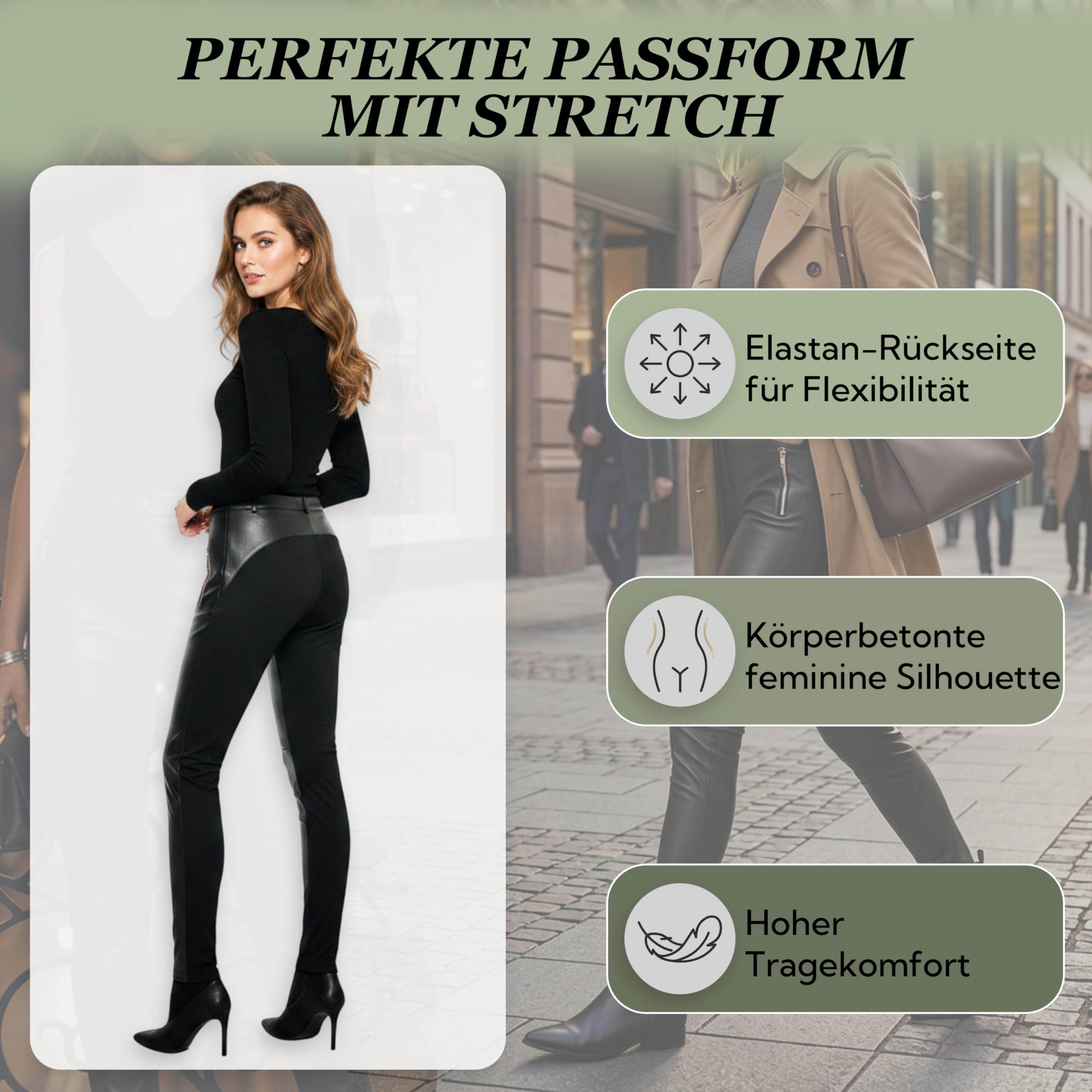 German Wear Lederleggings Damen Echtlederhose aus Lammnappa Stretch Passform Elastischer Bund Besonders Weich Frontreißverschluss Taschendesign