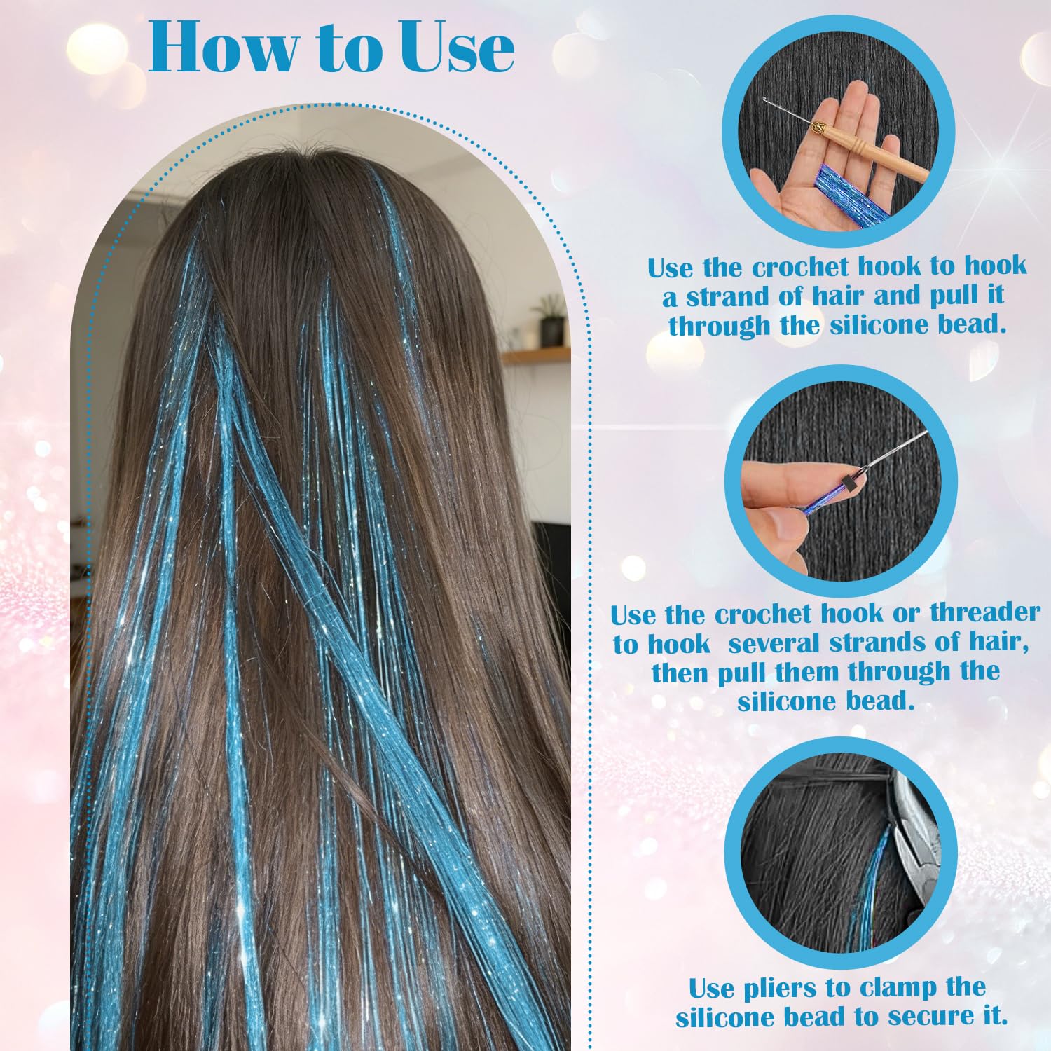 Kit de Tinsel Azul de 47 Pulgadas, Mechones de Extensiones de Pelo Brillante para Mujeres y Niñas, Accesorios de Fiesta