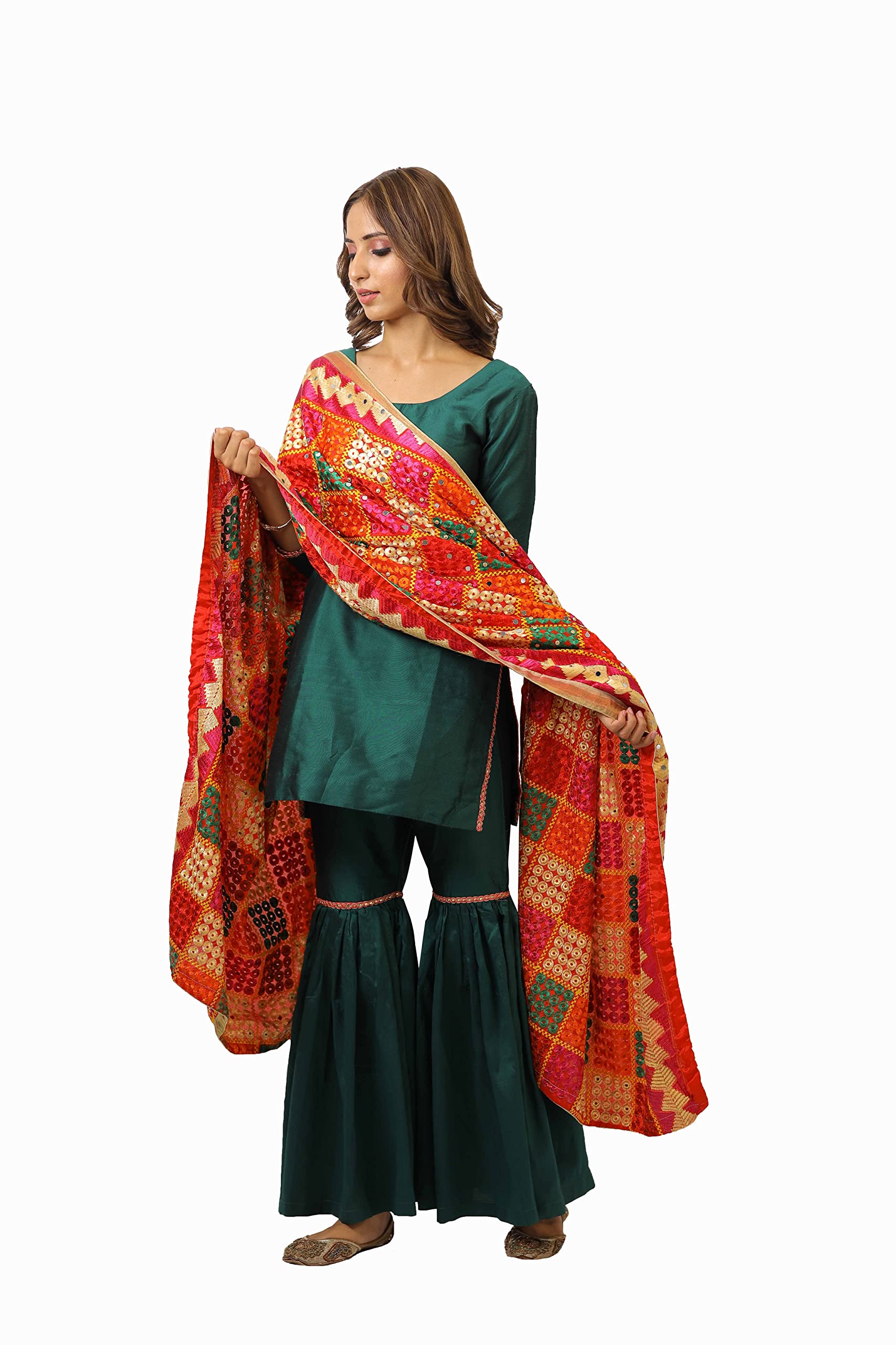 Webelkart Damen bestickte Phulkari Chiffon Dupatta | Traditioneller Punjabi-Stil | leichte ethnische Stola für Festlich & Alltag
