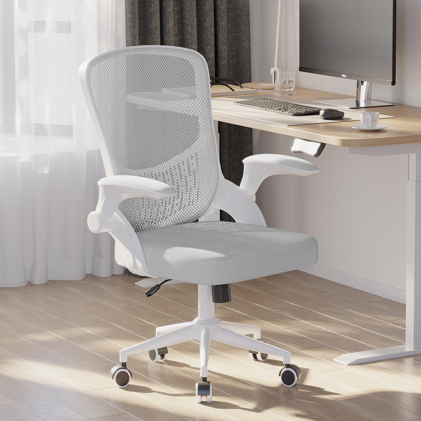 naspaluro Computer Desk Chair with Flip-up Armrests/3D Lumbar Support/Metal Claws, Swivel Mesh Ergonomic Office Chairs, Comfy Mid-Back Study Home Office Chairs, Small Heavy Duty Gray Work PC Chairs