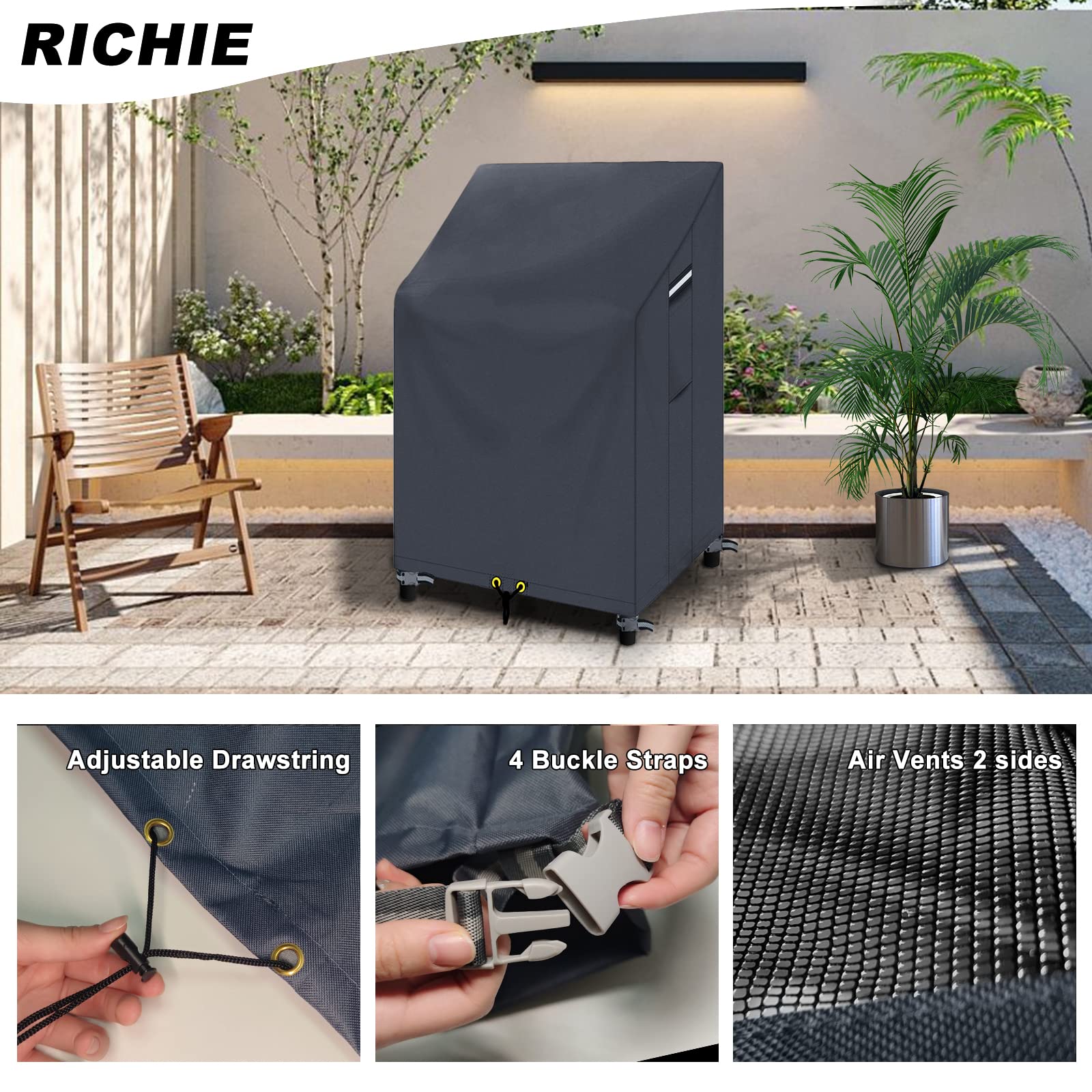 RICHIE Gartenstuhl-Abdeckung, Outdoor-Terrassenstuhl, wasserdichte Abdeckung zur Aufbewahrung, neigbare Gartenstuhlabdeckung, UV-Schutz, Möbelabdeckung grau(65x65x120/80cm) Garten