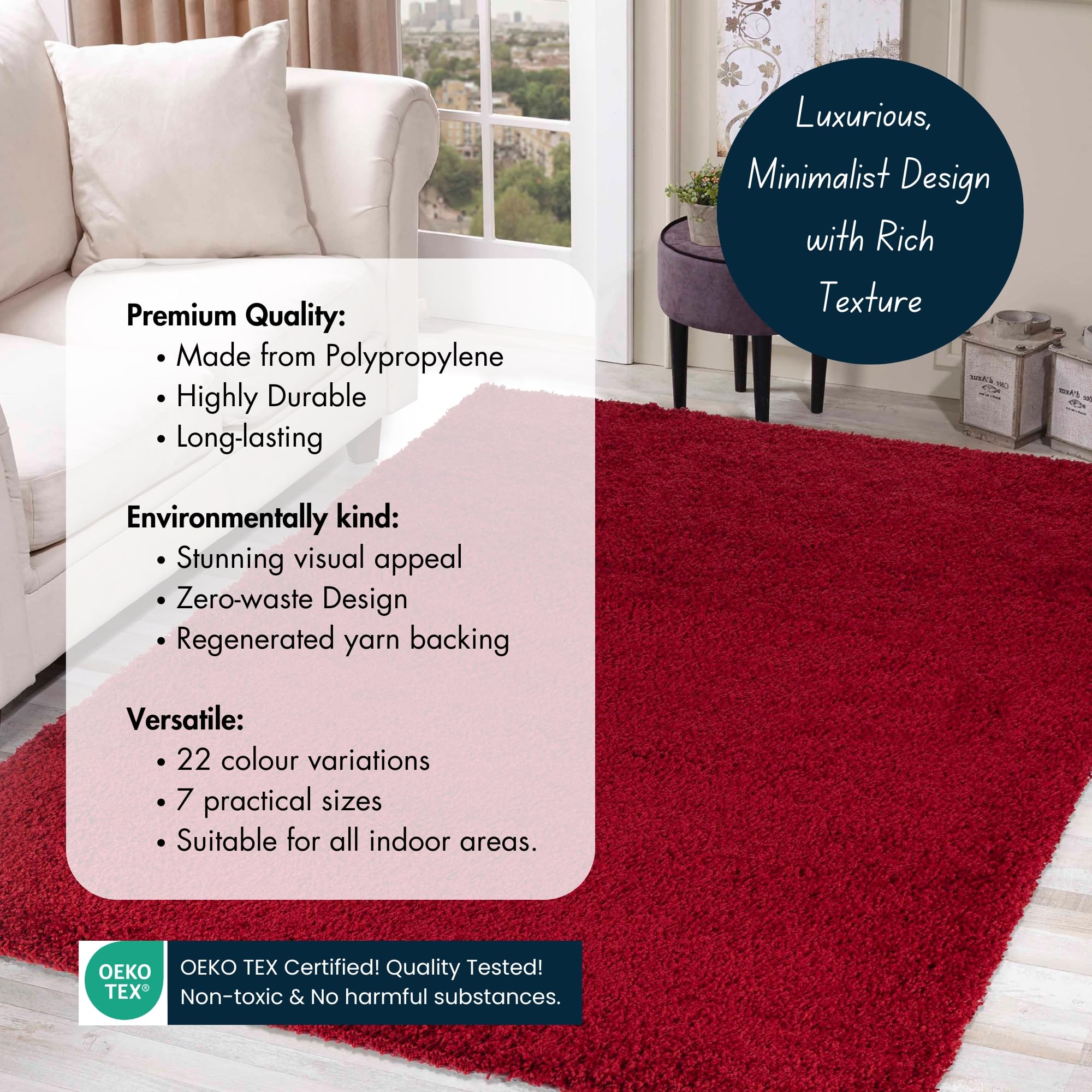 Serdim Rugs Shaggy Tapis à Poils Longs en polypropylène pour Salle à Manger Rouge 120 x 170 cm
