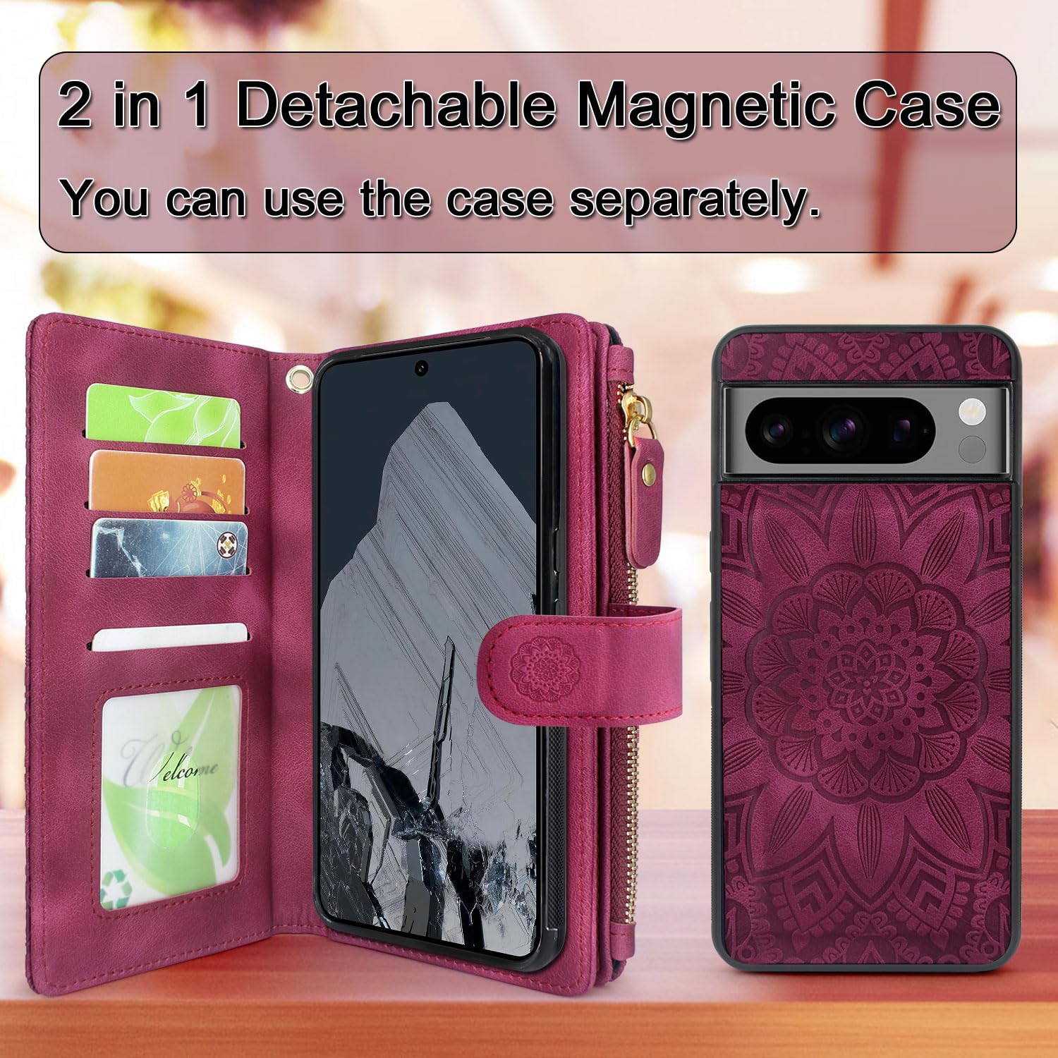 Harryshell Compatible with Google Pixel 8 Pro Case Wallet Detachable Magnetic Cover Leather Case Cover with Cash Coin Zipper Pocket 12 Card Slots Holder Wrist Strap Lanyard (Flower Wine Red)