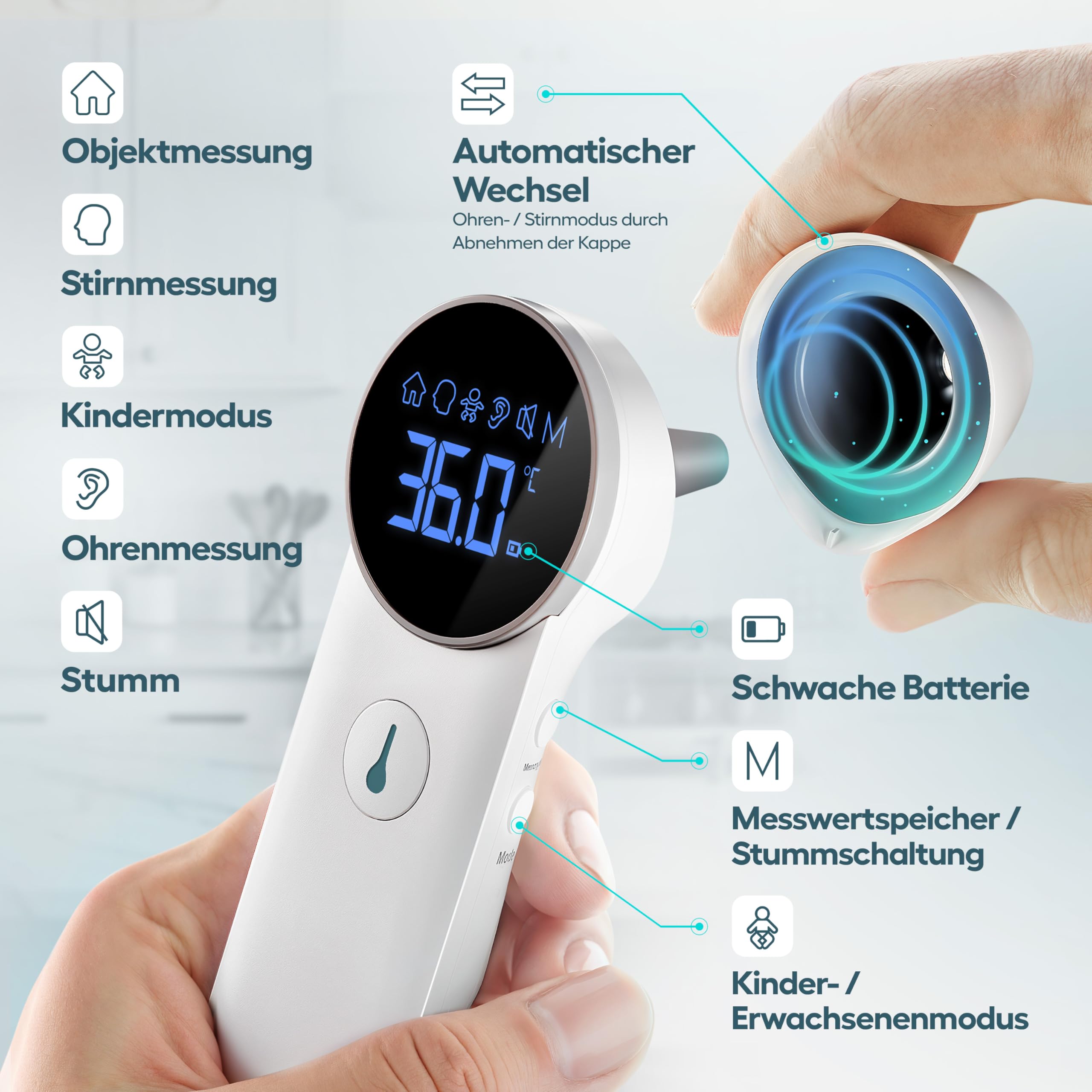 HIMMELSHAUCH MEDICAL Fieberthermometer Ohr & Stirn | 3 in 1 Messgerät | Ohrthermometer Babys Kinder & Erwachsene | Stirnthermometer kontaktlos | Digitales Fieber-Thermometer | Infrarot Fiebermesser