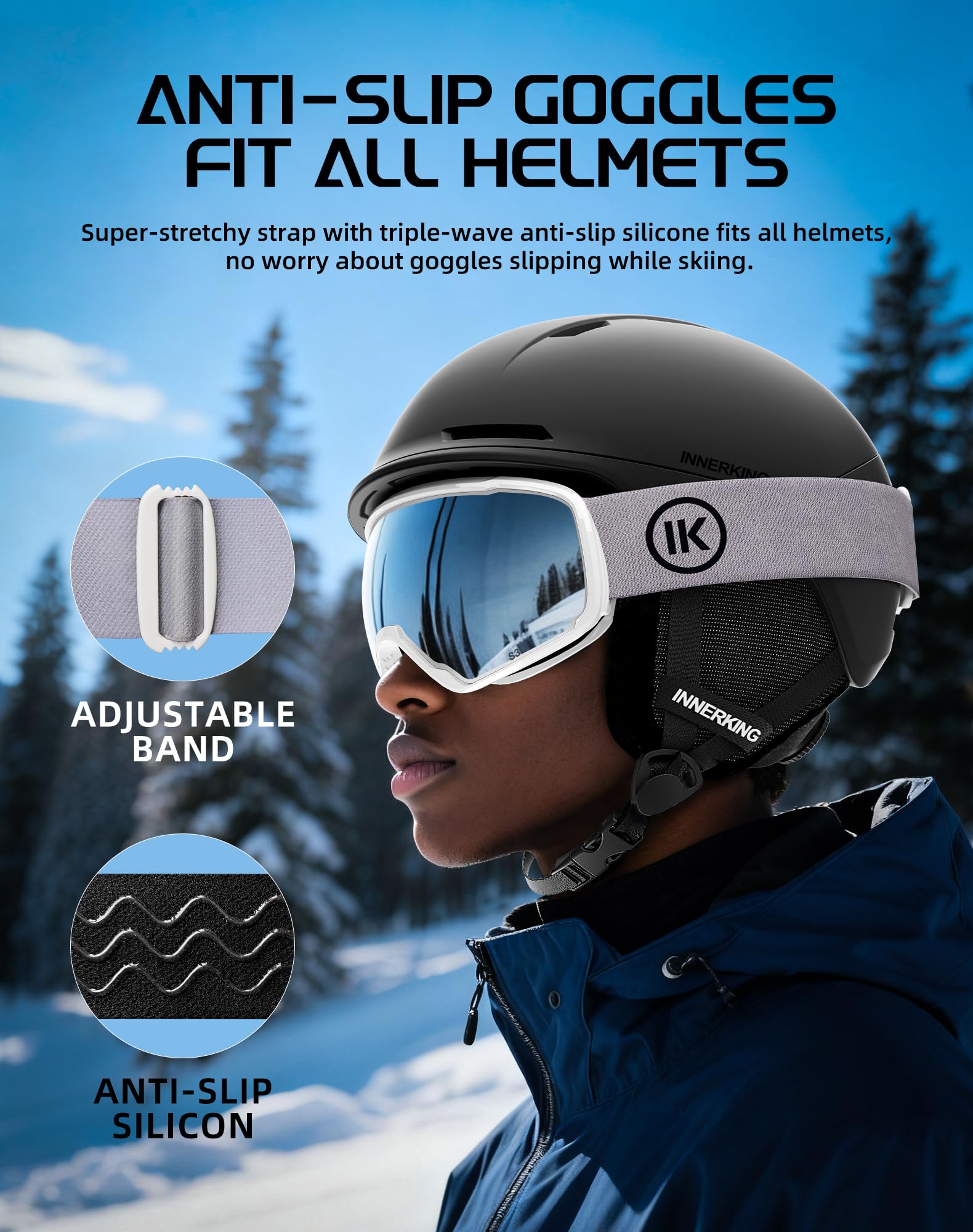 Innerking Lunettes de Ski Homme, Masque Ski OTG Lunettes de Snowboard, 100% Anti-UV pour Sports Hiver, Vision Plus Large, Ski Goggles Femme pour Sports Hiver