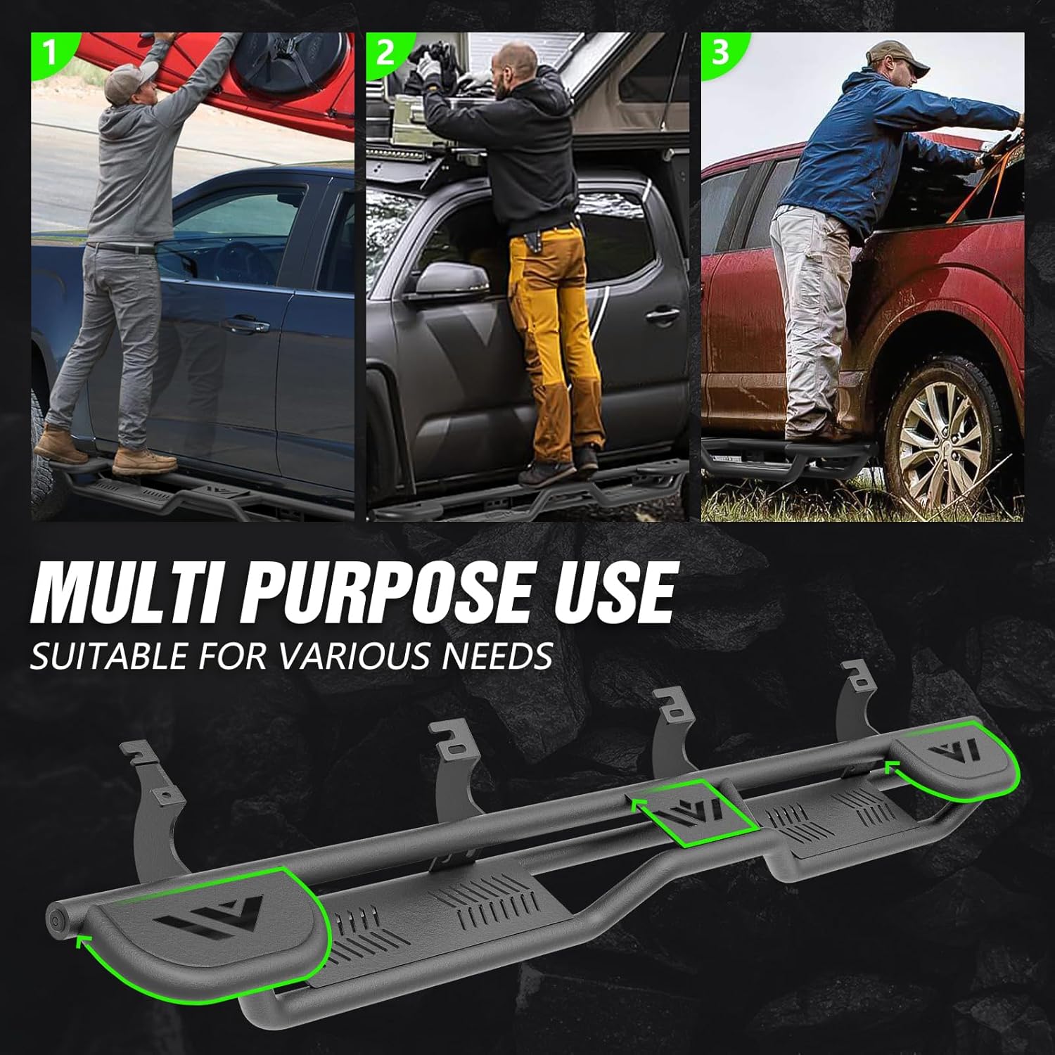 YZONA Three Raised Steps Running Boards Side Steps Compatible with 2022 2023 2024 2025 2026 Toyota Tundra CrewMax Cab, Bolt-on Heavy-Duty Carbon Steel Crew Max Cab Nerf Bar Side Rails Rock Sliders