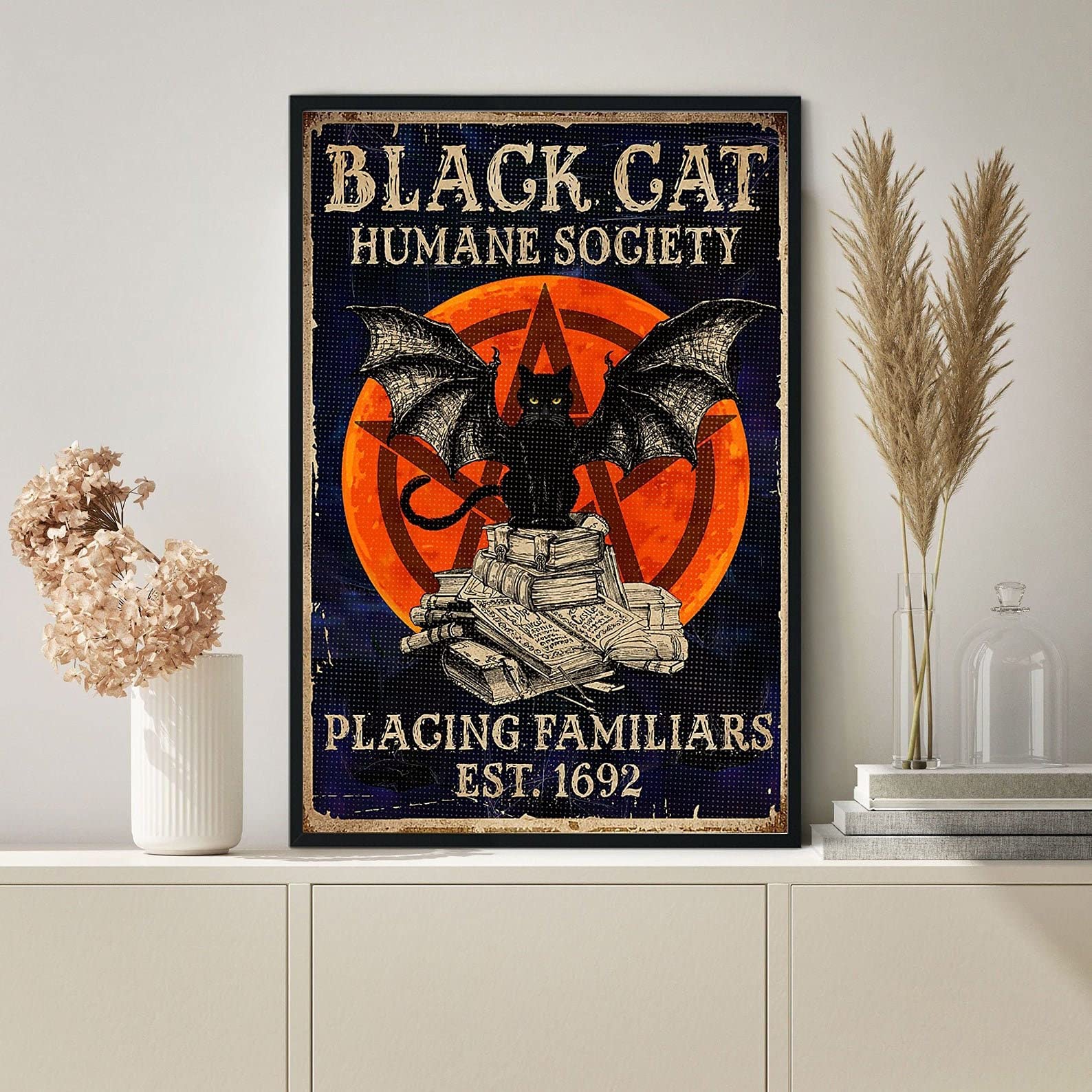 HOUVSSEN Black Cat Humane Society Placing Familiars Poster Halloween Home Decor Black Cat Halloween Decor Black Cat Poster Black Cat Decor Posters tin Sign Metal 8x12 inch Proverb Metal Tin Sign