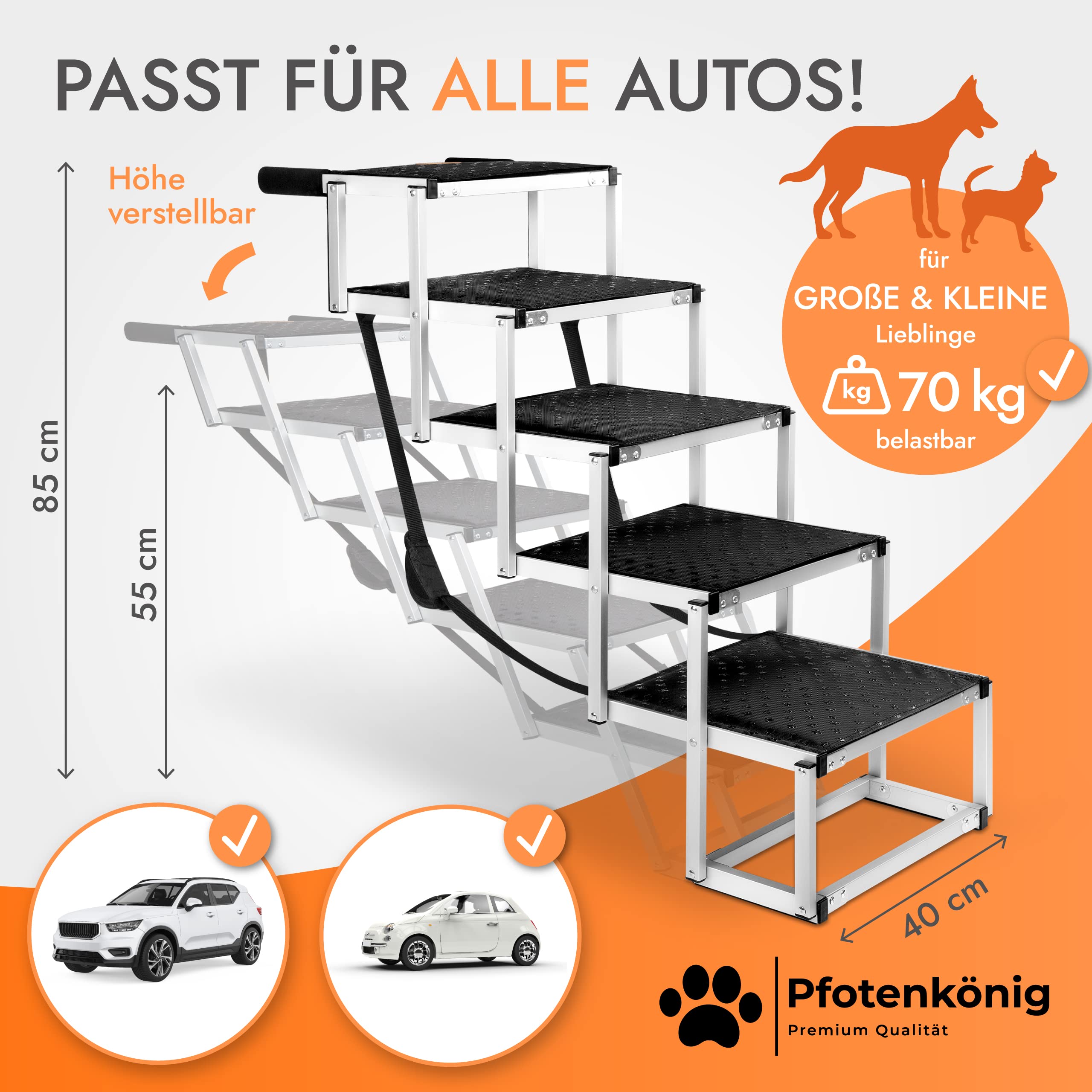 Hundetreppe Auto [bis 70kg] - ultraleichte Premium Hunderampe Auto klappbar - Einstiegshilfe Hund Auto sehr stabil und kompakt - Hundetreppe faltbar 55-85cm - Für alle Autos
