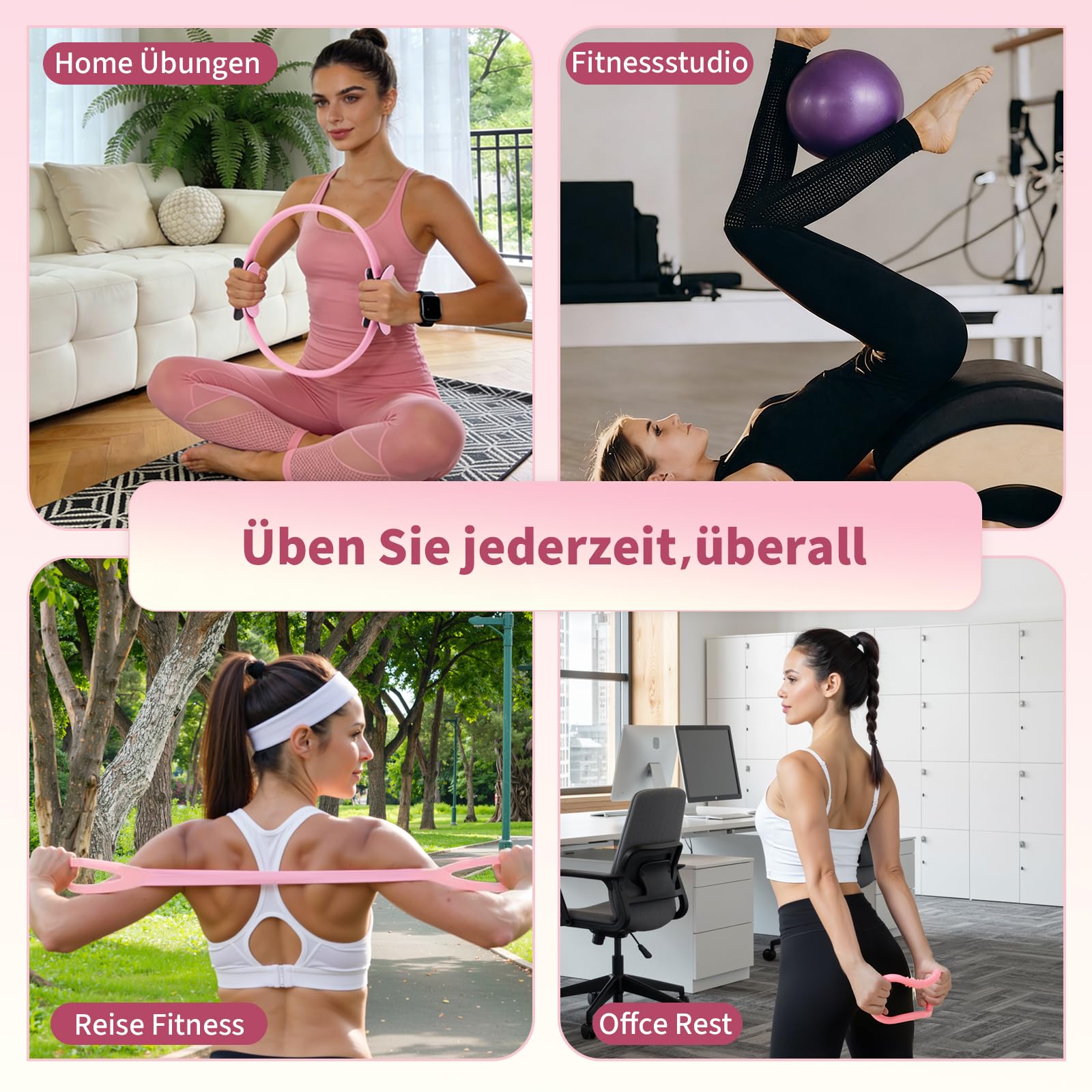 Pilates Ring Set, Home Workout Pilates Ausrüstung mit Pilates Ball, Widerstandsbänder und Zubehör, 14'' Magic Circle Hoop, Pilates Starter Kit für Frauen Anfänger zu Hause