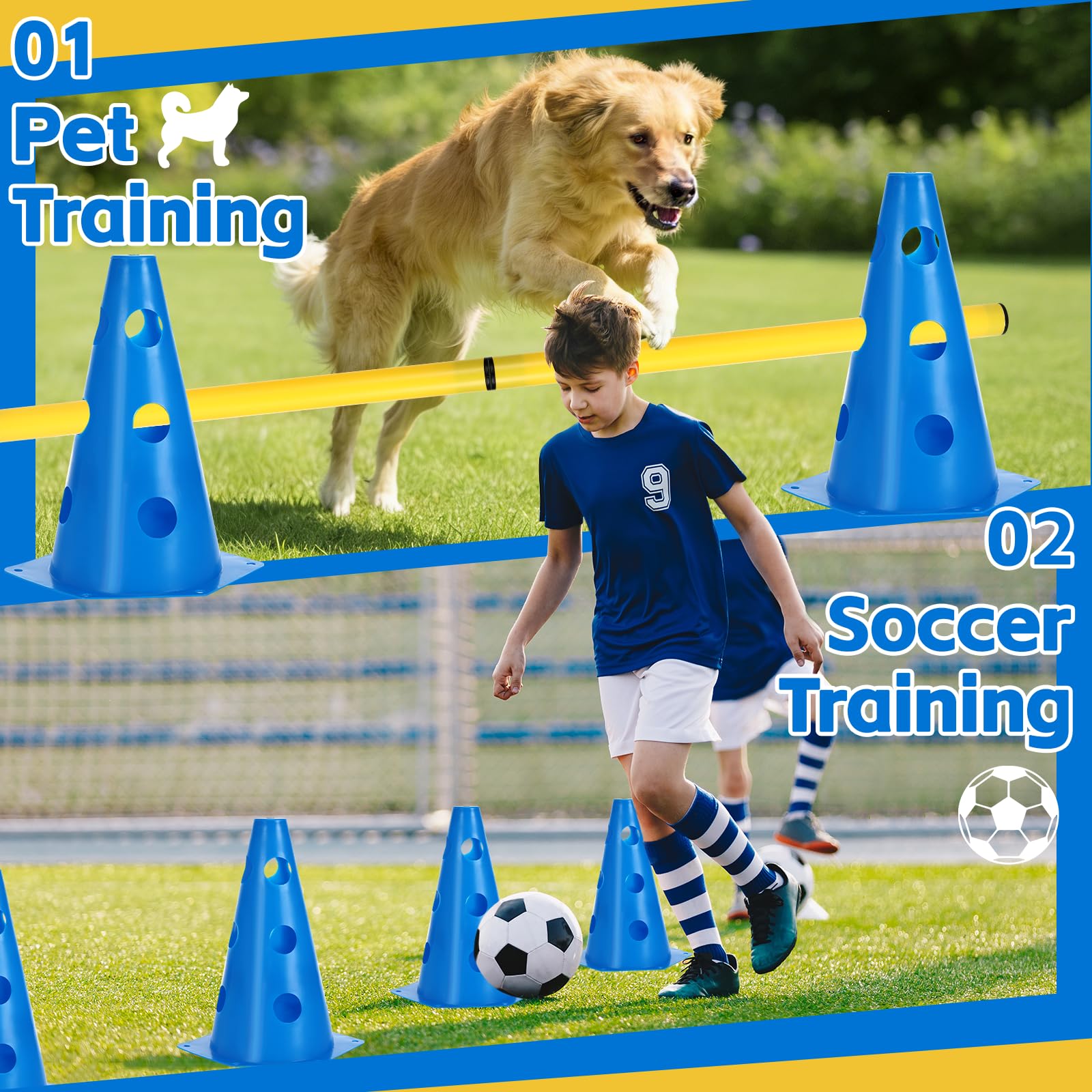 Agility Set Hunde Hürden Steckhürdenset,8 Kegel (24cm)+4 Stangen (81cm) ,Einstellbare Trainingshürden,Sports Steckhürden Set für Koordinationstraining,Hindernisparcours,Hundesport&Teamsport Fußball