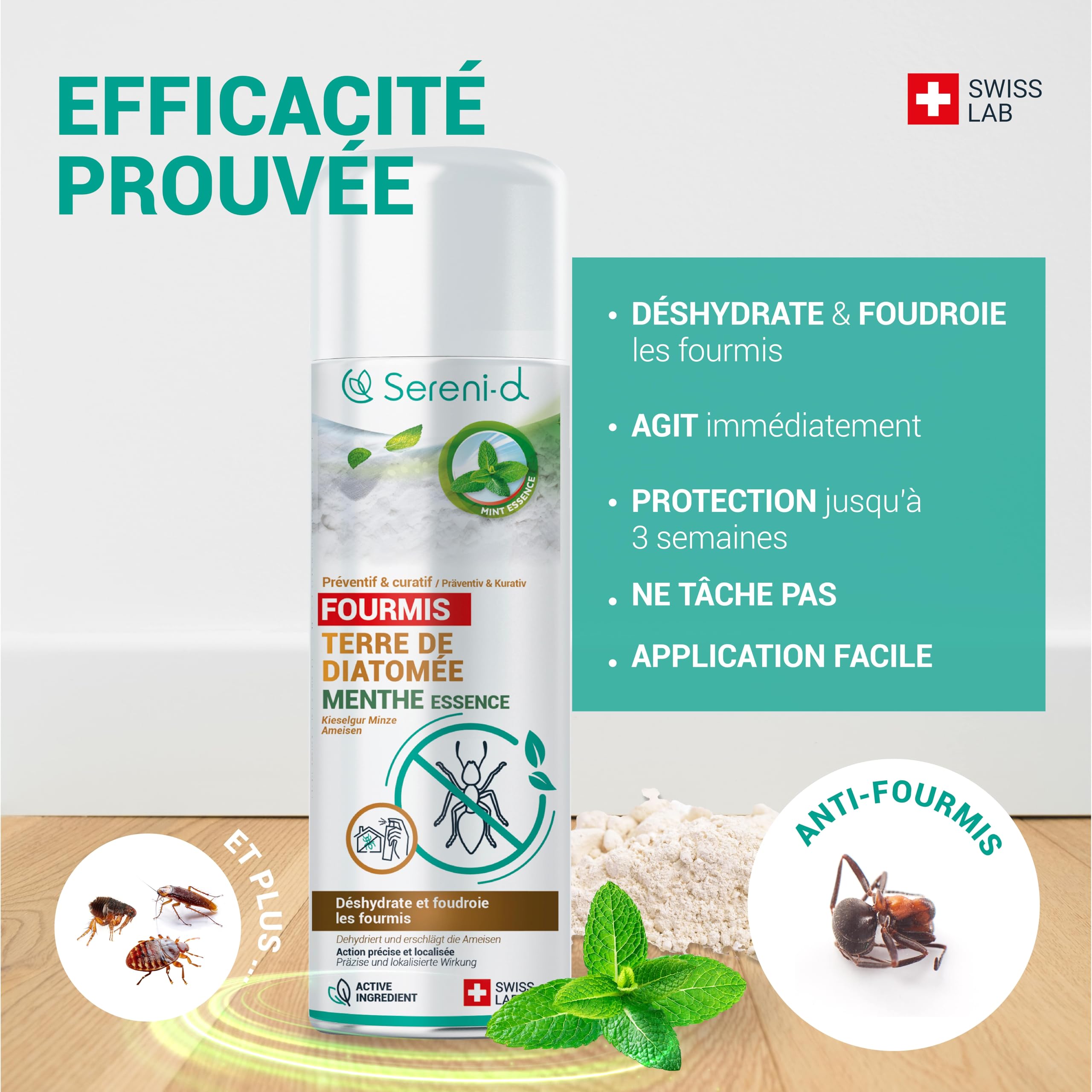 TERRE DE DIATOMÉE MENTHE FOURMIS– EFFICACITÉ FOUDROYANTE – 100% d'ORIGINE NATURELLE - Action IMMÉDIATE et EFFICACE - Swiss Lab