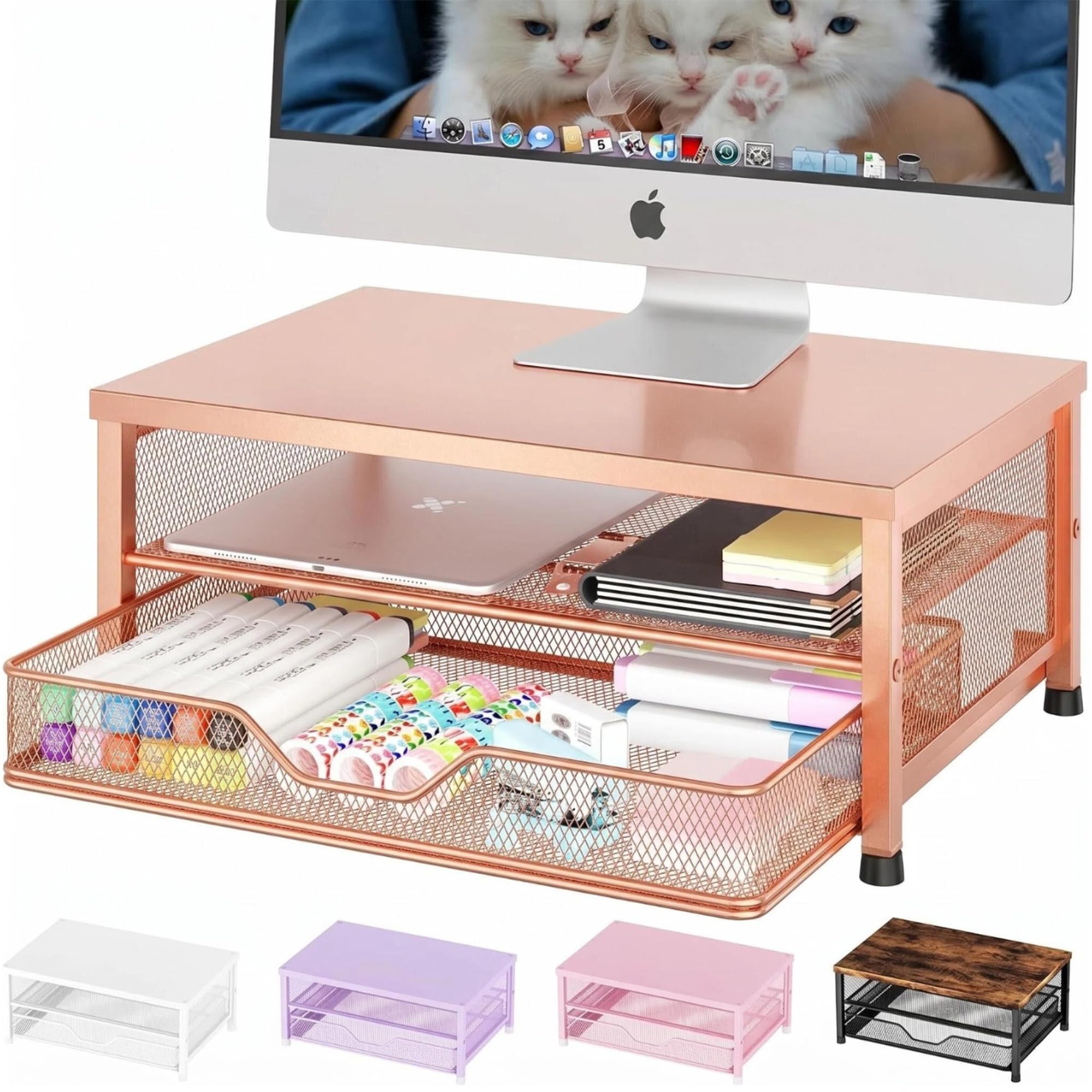 OPNICE Computer Monitor Stand Riser, Desk Organizer with Drawer, Printer &amp; Laptop Stand, Office Desk Accessories &amp; Workspace Desktop Organizers Storage for Office Supplies(Rose Gold)