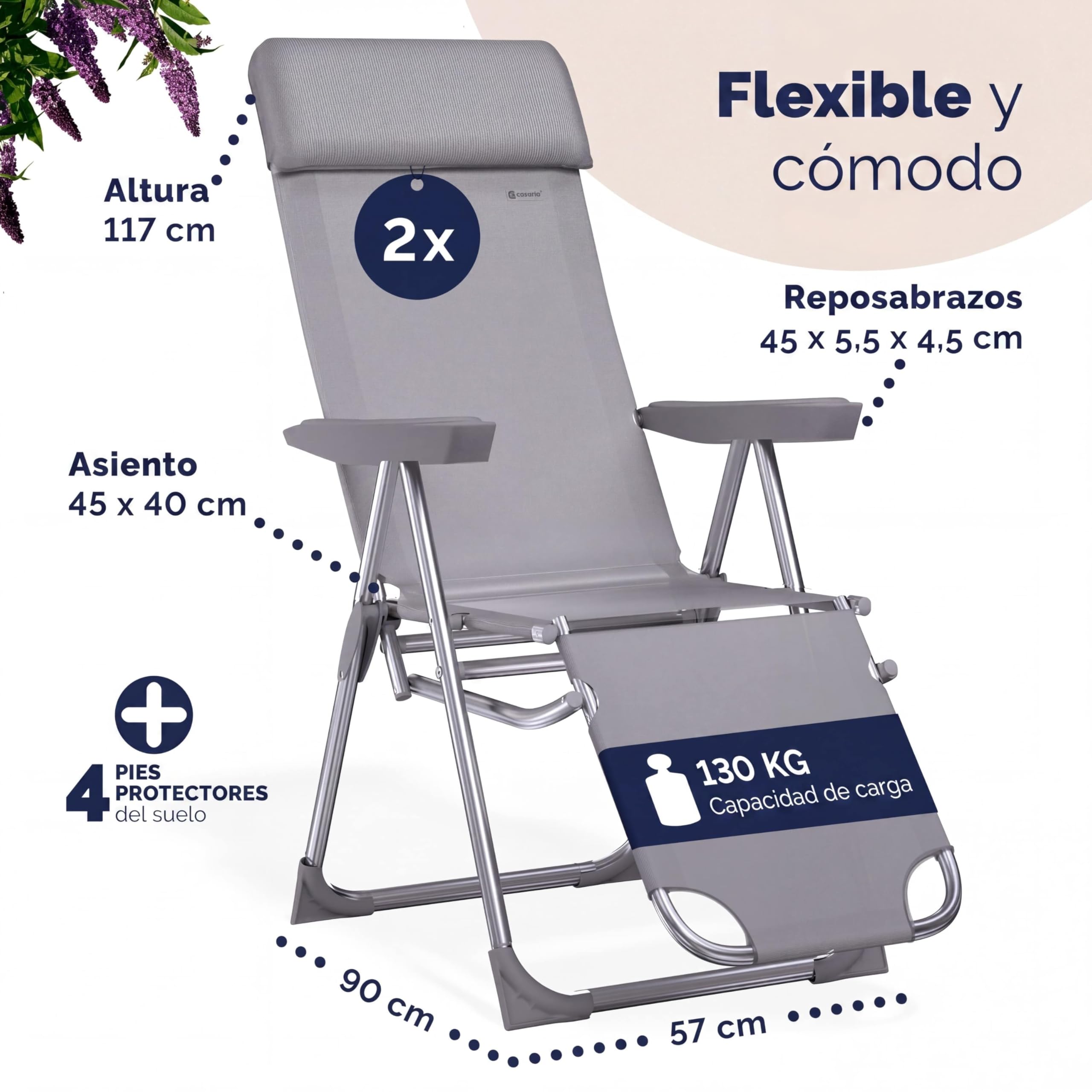 CASARIA® Sillas Gravedad Cero Plegables Set de 2 Reclinables Respaldo Alto Ajustable en 6 Posiciones Estructura Aluminio Exterior Jardín Balcón Playa Gris