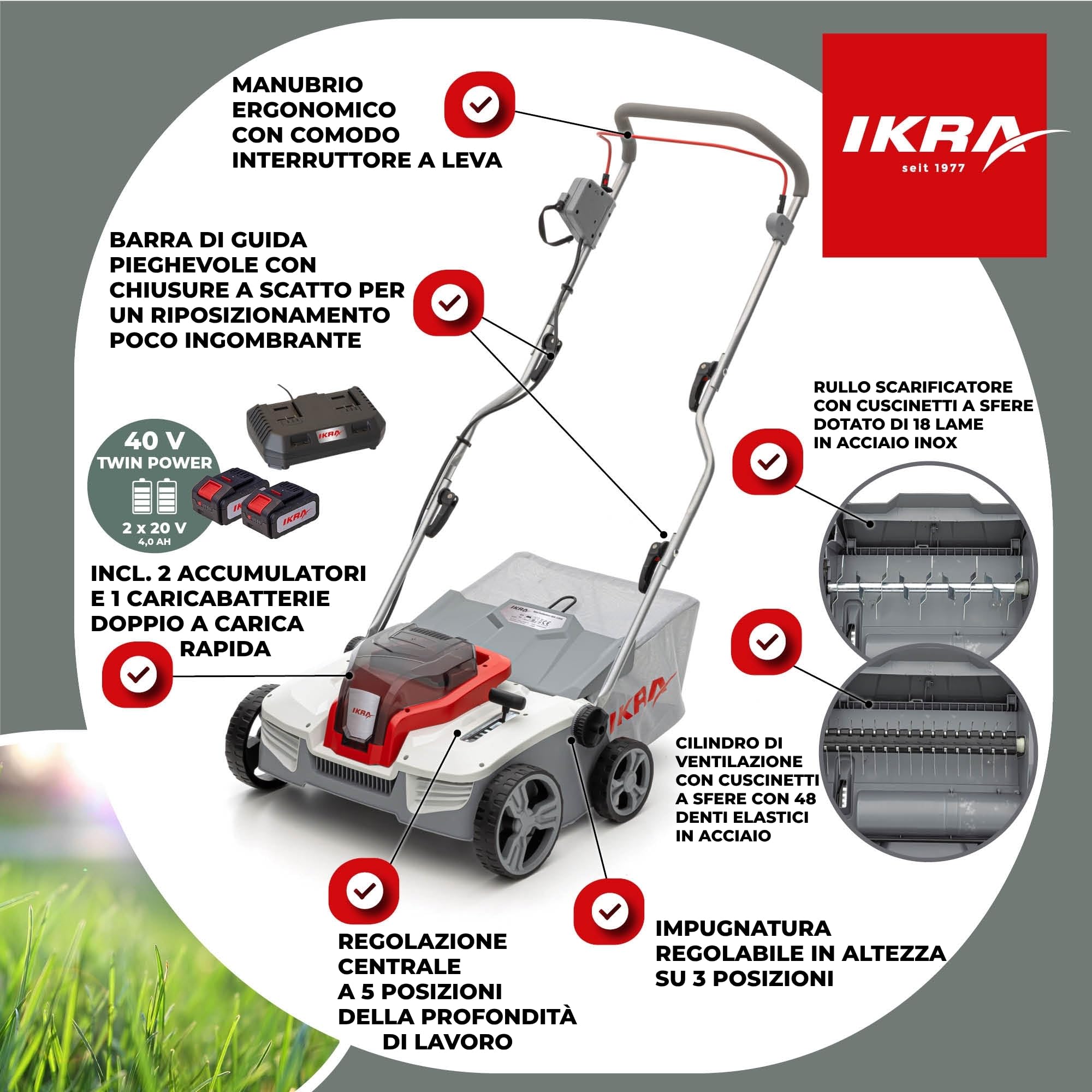 IKRA scarificatore arieggiatore a batteria 3in1 IAVL 2-2040, larghezza 40cm | Inclusi 2 batterie 20V 4,0Ah e caricatore rapido, cesto 40 l, +12/-3 mm, cambio rullo senza attrezzi, IKRA 20V