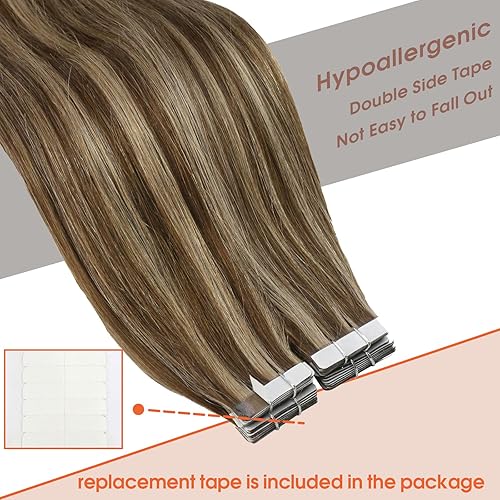 Miniatura 4 de Sunny - Extensiones de cabello humano con cinta adhesiva, color marrón oscuro, color rubio caramelo, lacio sedoso para mujer, 20 pulgadas, 1.76oz,