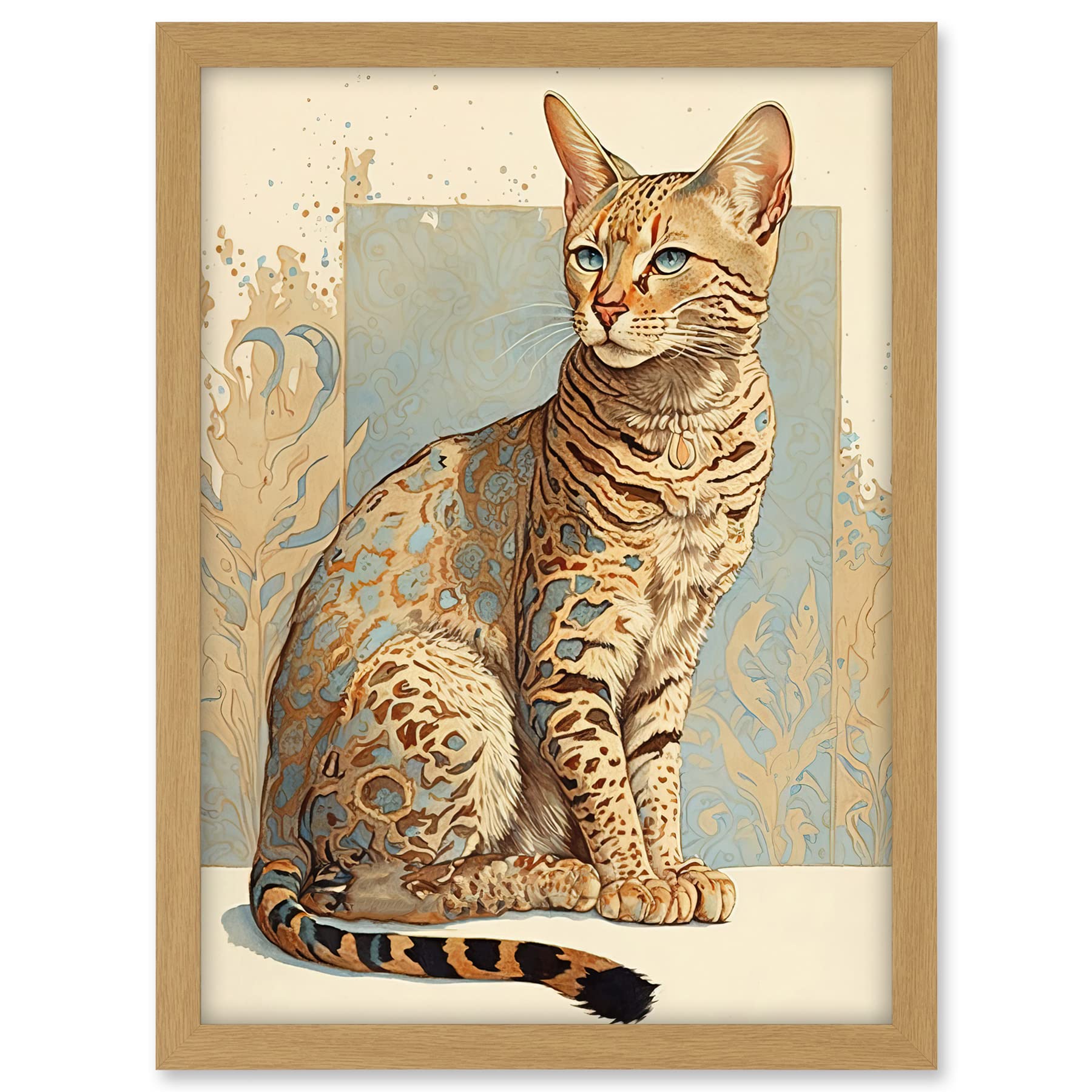 Artery8 Ocicat Cat with Turquoise Rosette Pattern Fur Modern Watercolour Illustration Artwork Framed A3 Wall Art Print