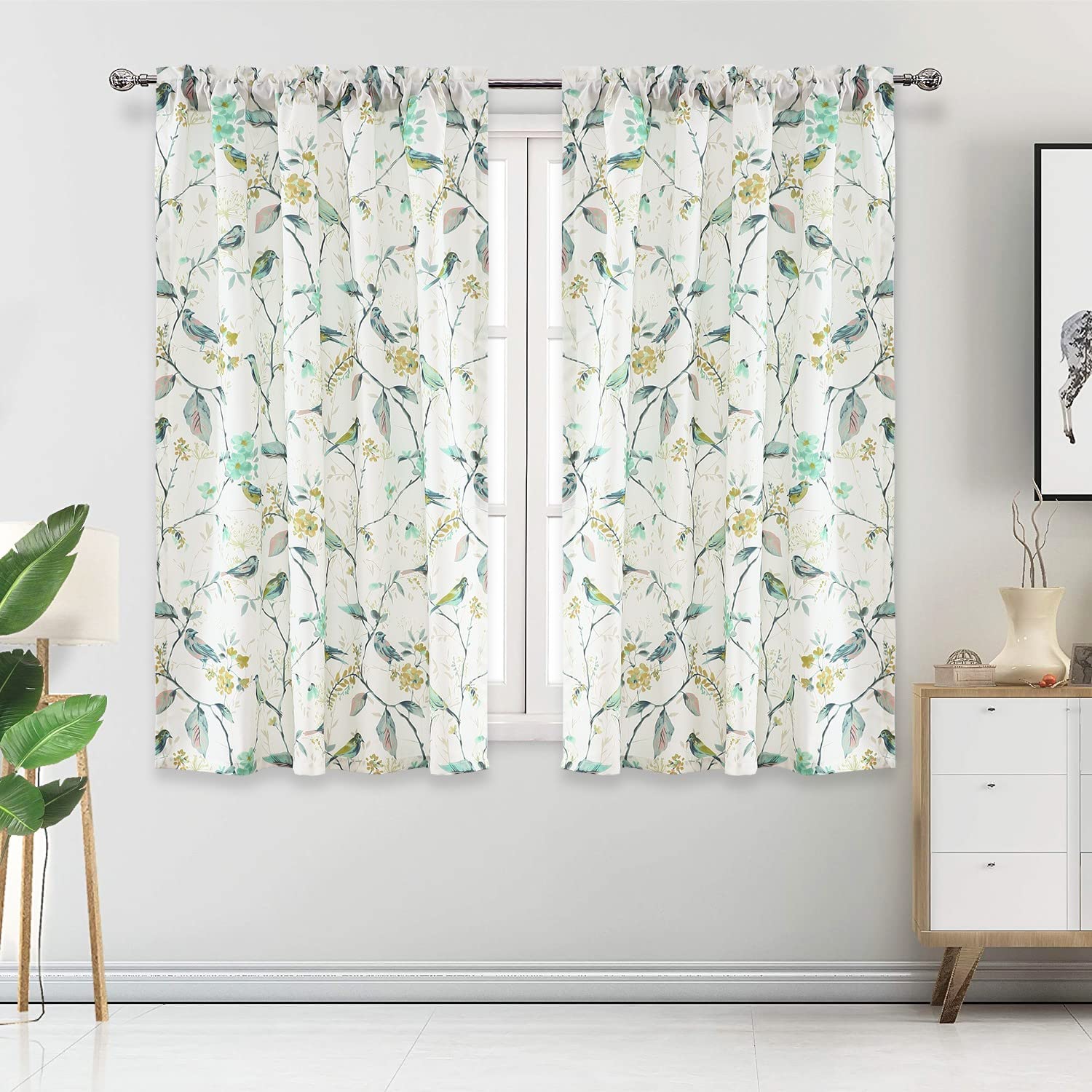VOGOL Green Leaf & Bird Curtains, Country Style Rod Pocket Panels for Small Windows, Light Filtering Drapes for Living Room Kitchen, 2 Panels, 42 x 54