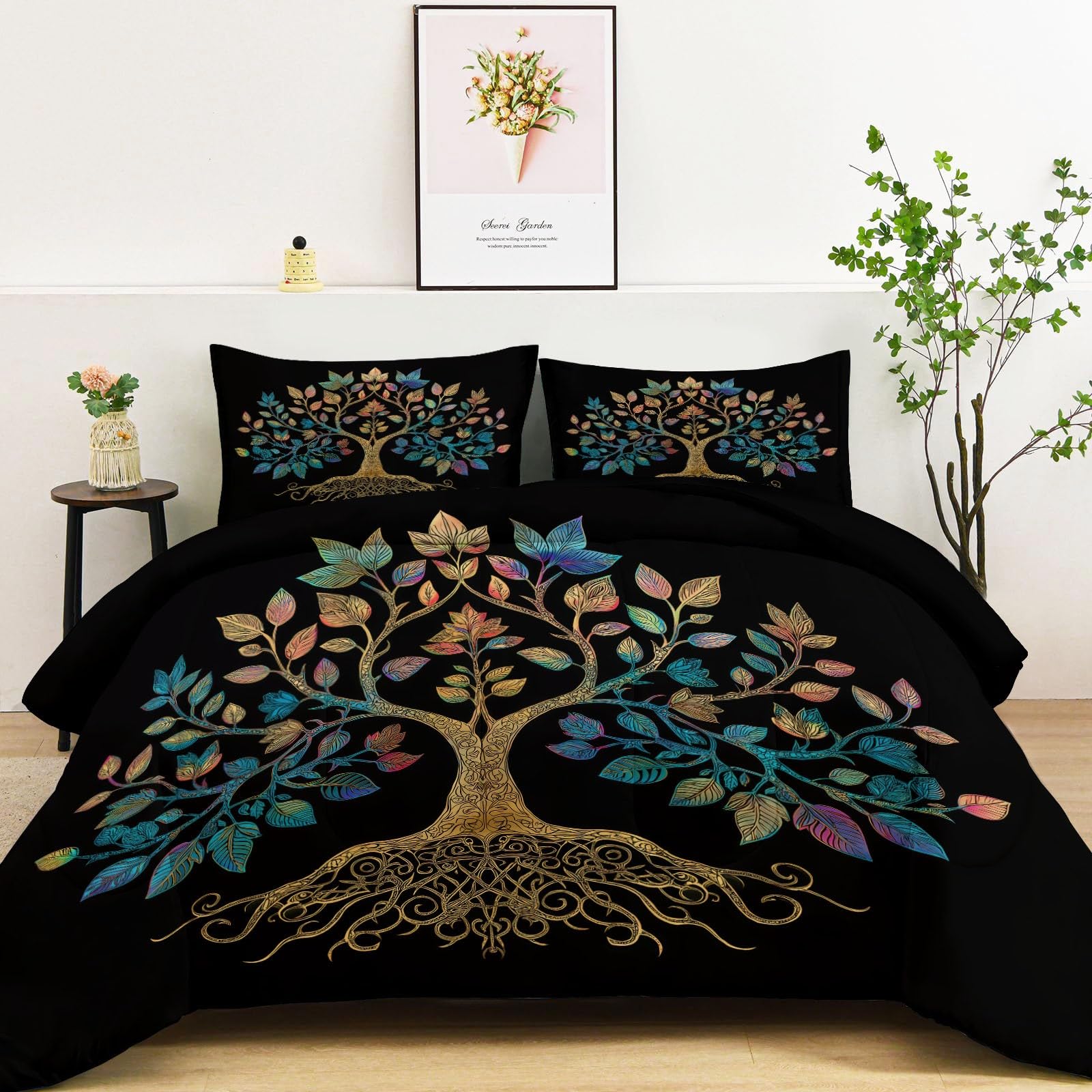 Genérico Kołdra 200 x 200 cm Celtic Tree of Life Winter and Summer, soft, light, dwustronna kołdra, oddychająca, ciepła i wygodna narzuta na łóżko, czarna