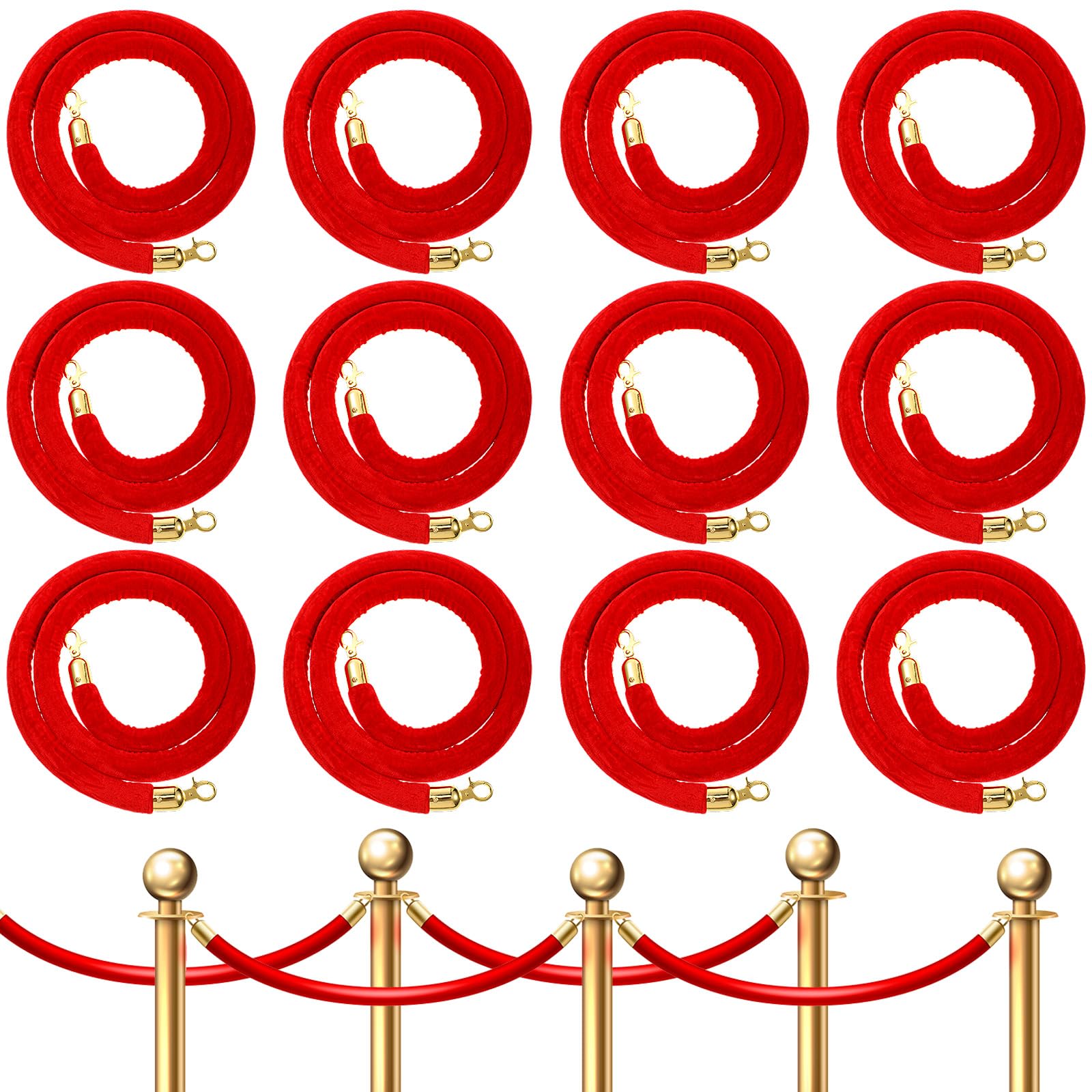 Fumete 12 Pcs Velvet Stanchion Rope Bulk 5.25 ft Crowd Control Barriers Safety Velvet Rope with Gold Hooks for Graduation Party, Movie Theaters Openings Hotels Carpet, Not Include Stanchion Post(Red)