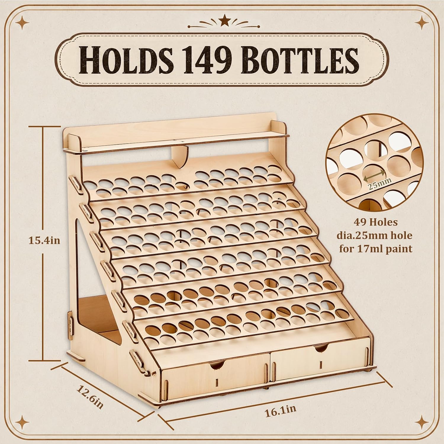Colingmill Wooden Paint Organizer Storage Rack, 149 Bottle Holes for 17 ml Dropper Bottles, 14 Paintbrush Slots, 6 Miniature Stands - Art Tool Storage Rack for Hobby Artists