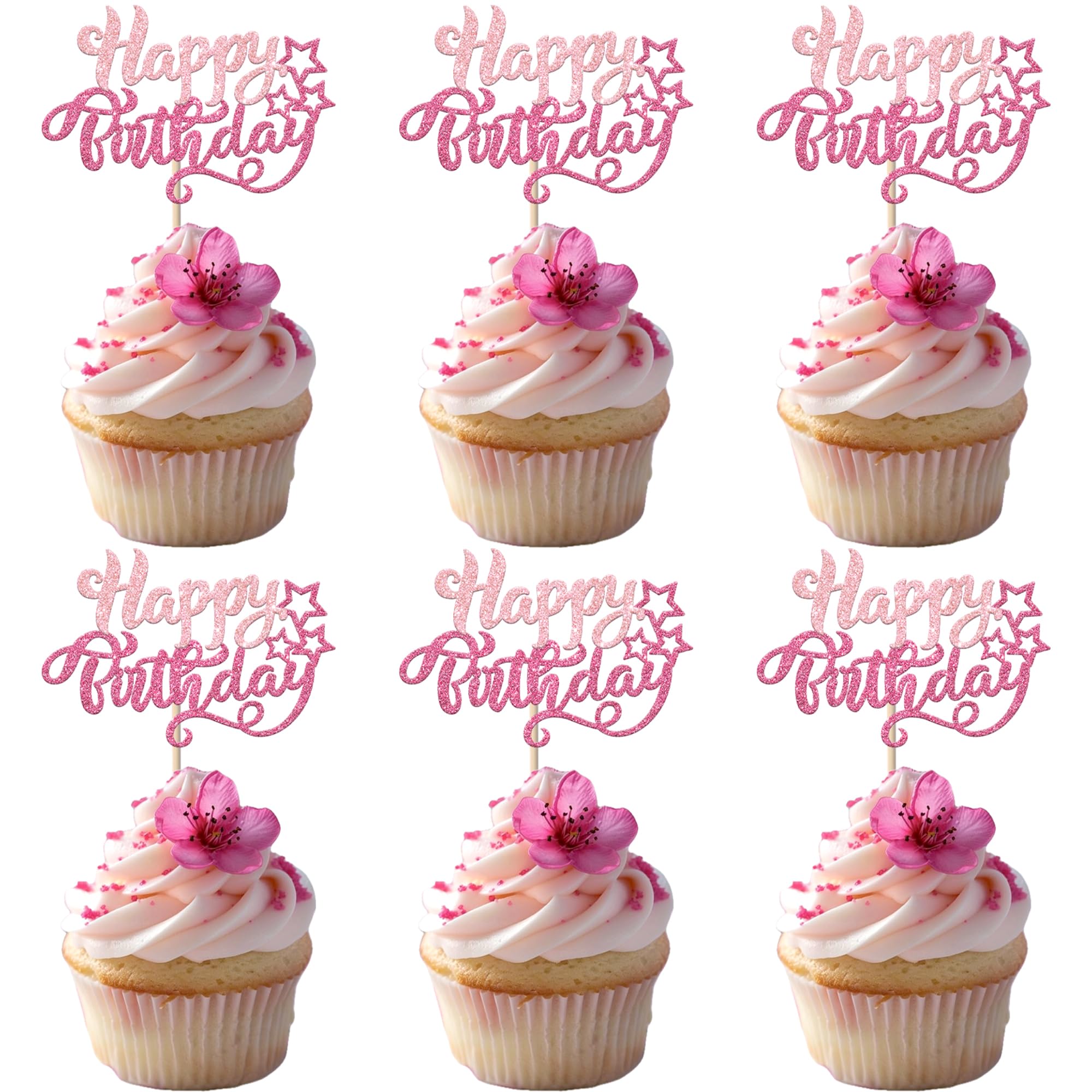Xsstarmi 24 Pack Happy Birthday Cupcake Toppers Pink Star Glitter Celebrating HBD Cupcake Picks for Baby Shower Birthday Party Cake Decorations Supplies Light Pink