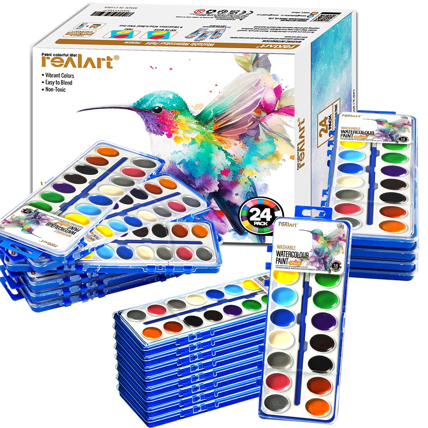 18 Colors Watercolor Paint Bulk Set of 24, Includes Metallic Glitter Pigments, Washable Non-Toxic Art Supplies for Kids, Classroom & Party Favors