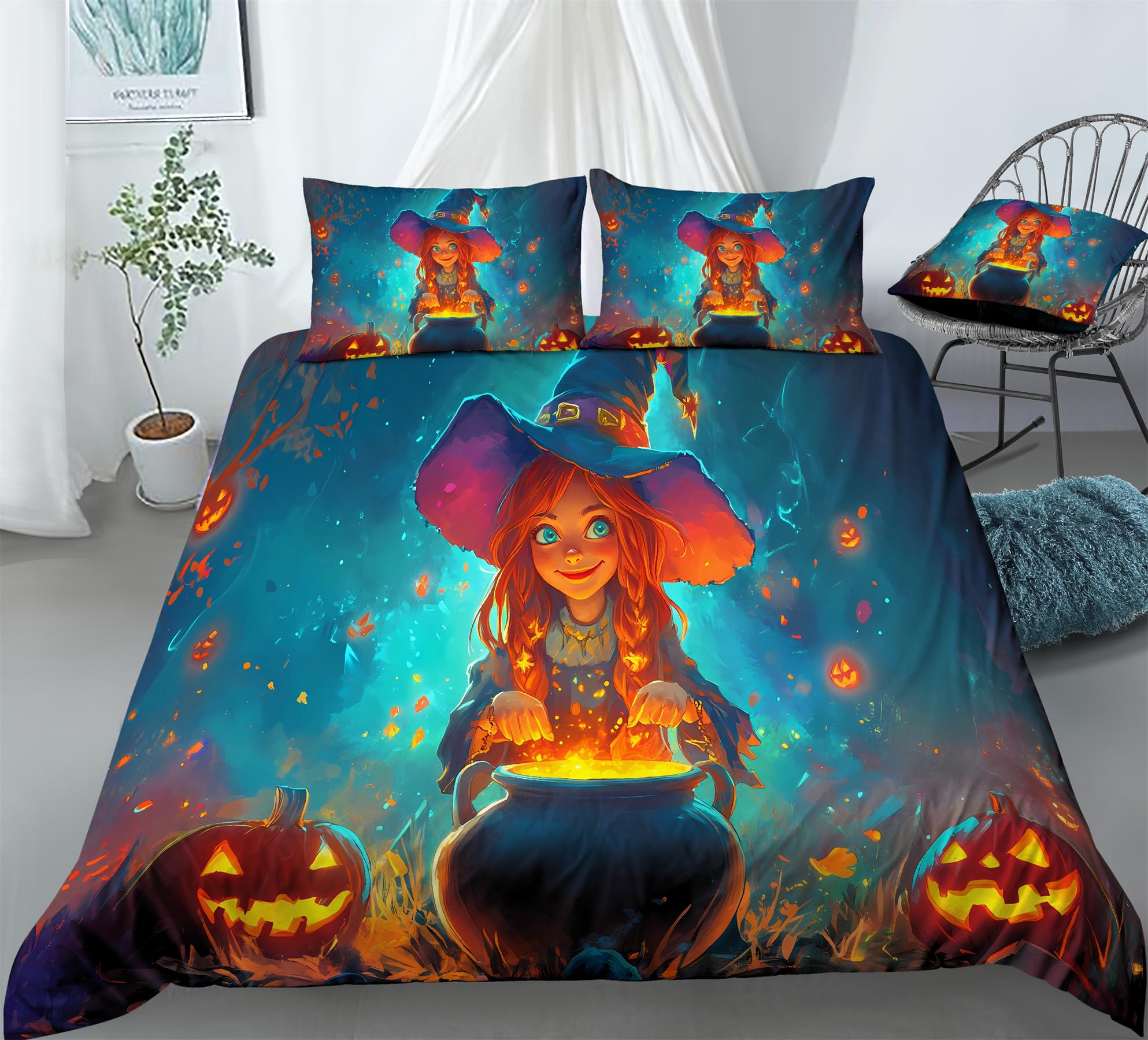REALIN Witch Themed Magical Decor for Kids Bedding Halloween Decor Duvet Cover Set Girl Boy Kids Bed Sets 3/4PCS Quilt Covers/Sheets/Pillow Shams,Twin/Full/Queen/King (B,Full-200x229cm-4PCS)