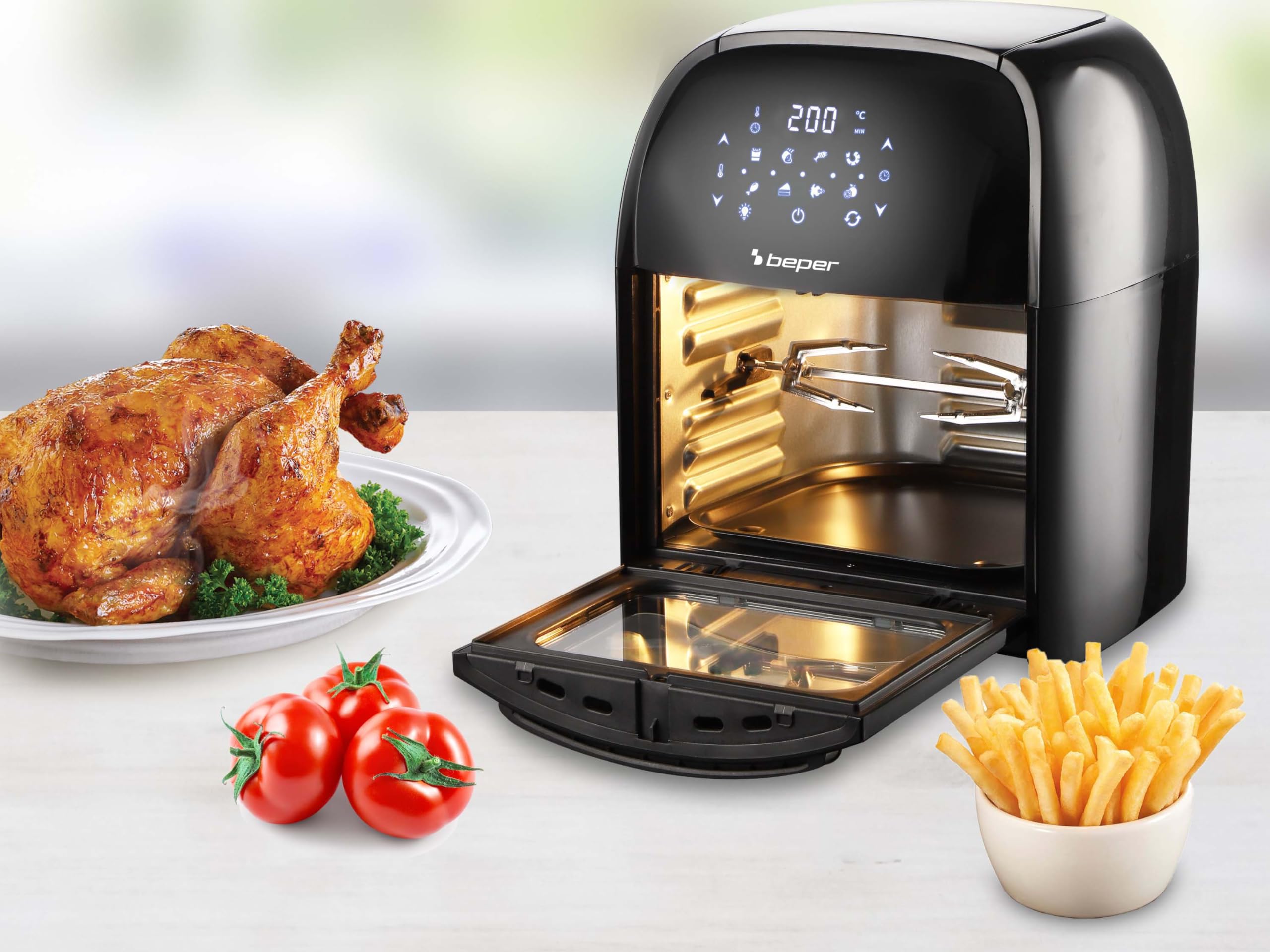 BEPER P101FRI012 Digitale Heißluft Fritteuse, Girarrosto, Ofen, Toaster, Trockner,12L, 1800W, Touch-Panel, 8 Programme, Zubehör, Verstellbar, Schwarz