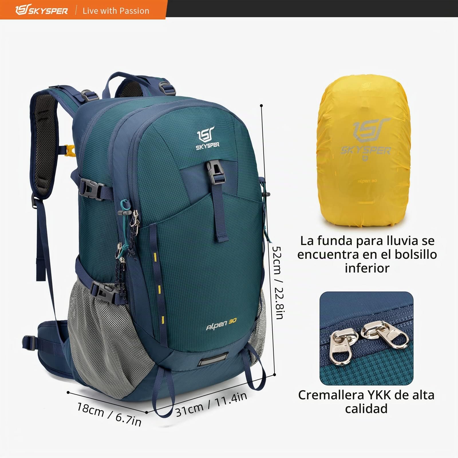 SKYSPER Mochila de Senderismo 30L Mochila de Trekking | con cubierta impermeable, Espalda de Malla excursiones de un día con Cinturón de Cadera para Mochila al Aire Libre