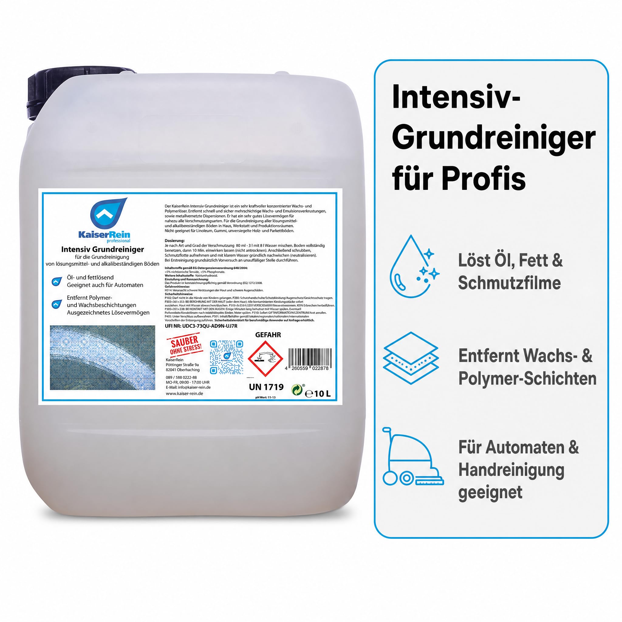 KaiserRein Grundreiniger Intensiv-Bodenreiniger Konzentrat, 10 L Kanister, entfernt Wachs/Polymer, öl- und fettlösend, für Fliesen, Stein, Laminat, Reinigungsautomaten, alkalischer Reiniger