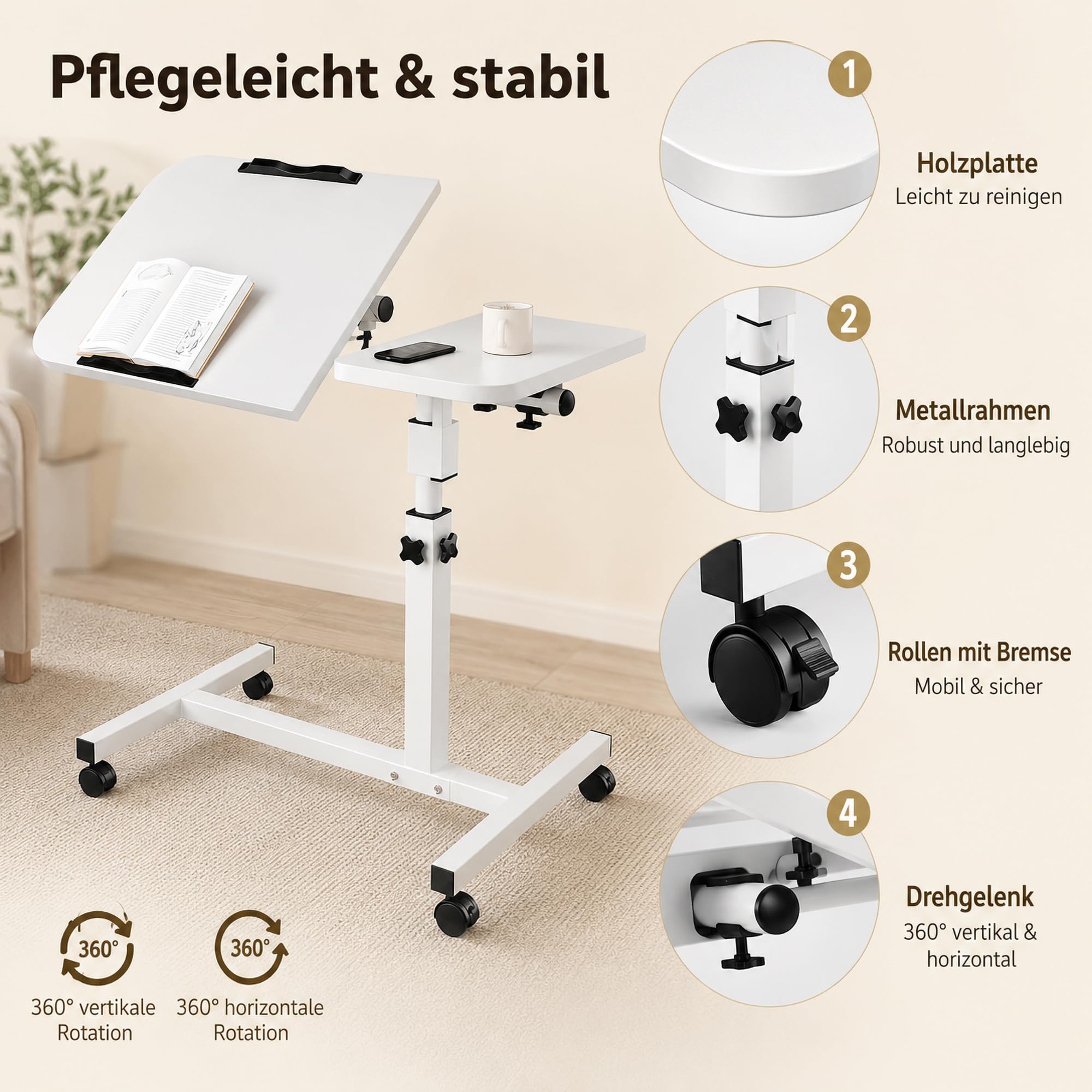 Mesa Auxiliar Plegable con Ruedas, 60 X 40 cm, Blanca | Altura 60–95 cm, Giro 360° y Frenos, Para Cama, Sofá, Madera y Marco Metálico