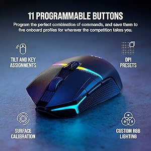 Corsair NIGHTSABRE RGB Wireless Gaming Mouse for FPS, MOBA - 26,000 DPI - 11 Programmable Buttons - Up to 100hrs Battery - iCUE Compatible - Black