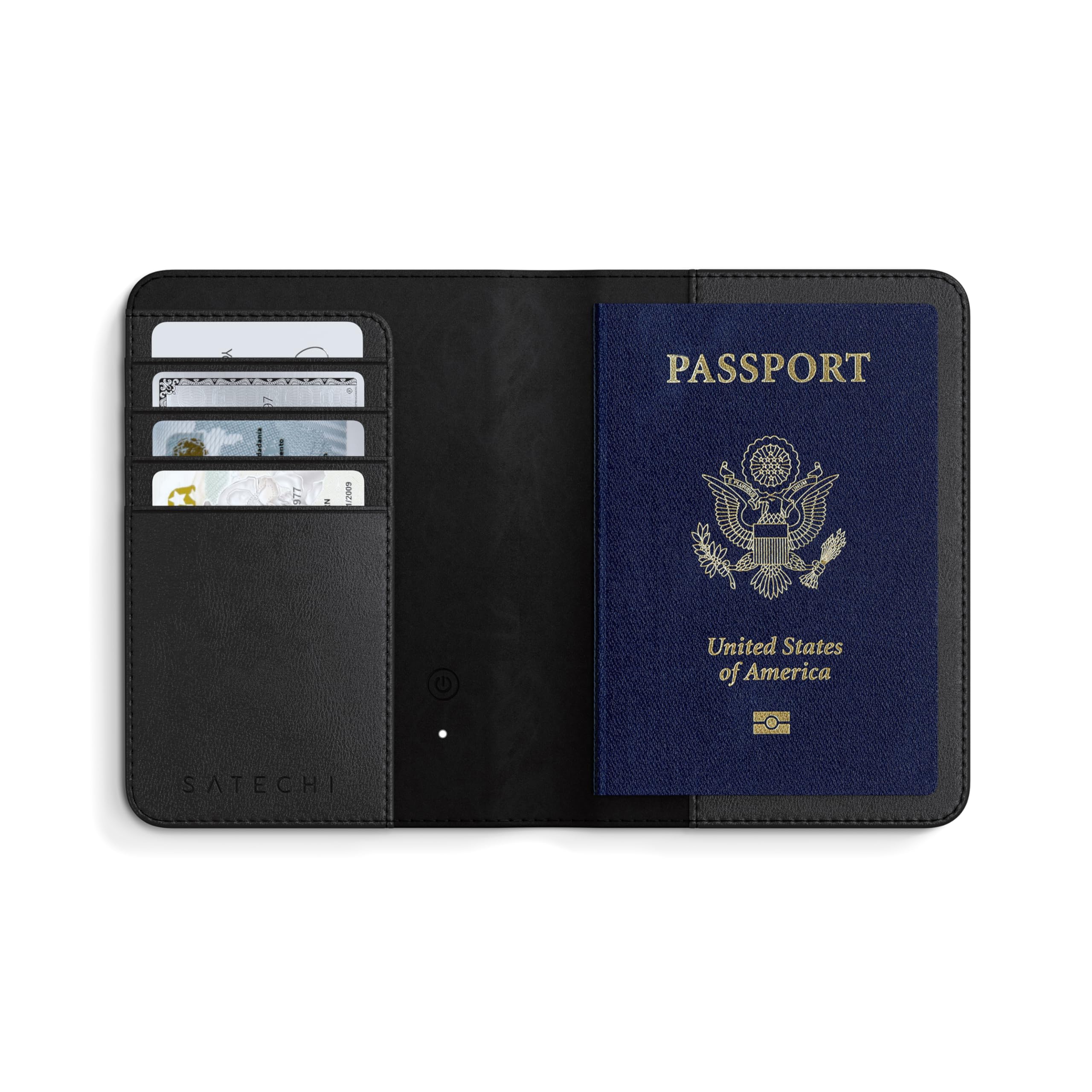 SatechiPassport Holder for Travel with Find My, Passport Cover with 4 Card Holder, Wireless Charging, and RFID Protection – Travel Essential Synthetic Material (PU) Passport Holder – Black