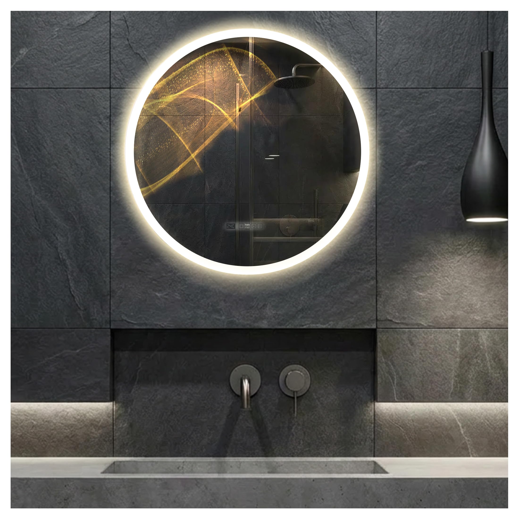 Mi-Heat Specchio riscaldante a infrarossi LM350-Pro, rotondo, diametro 70 cm, 350 W, con luce, termostato Tuya Smart App Controllo, specchio da bagno, illuminazione LED a infrarossi,