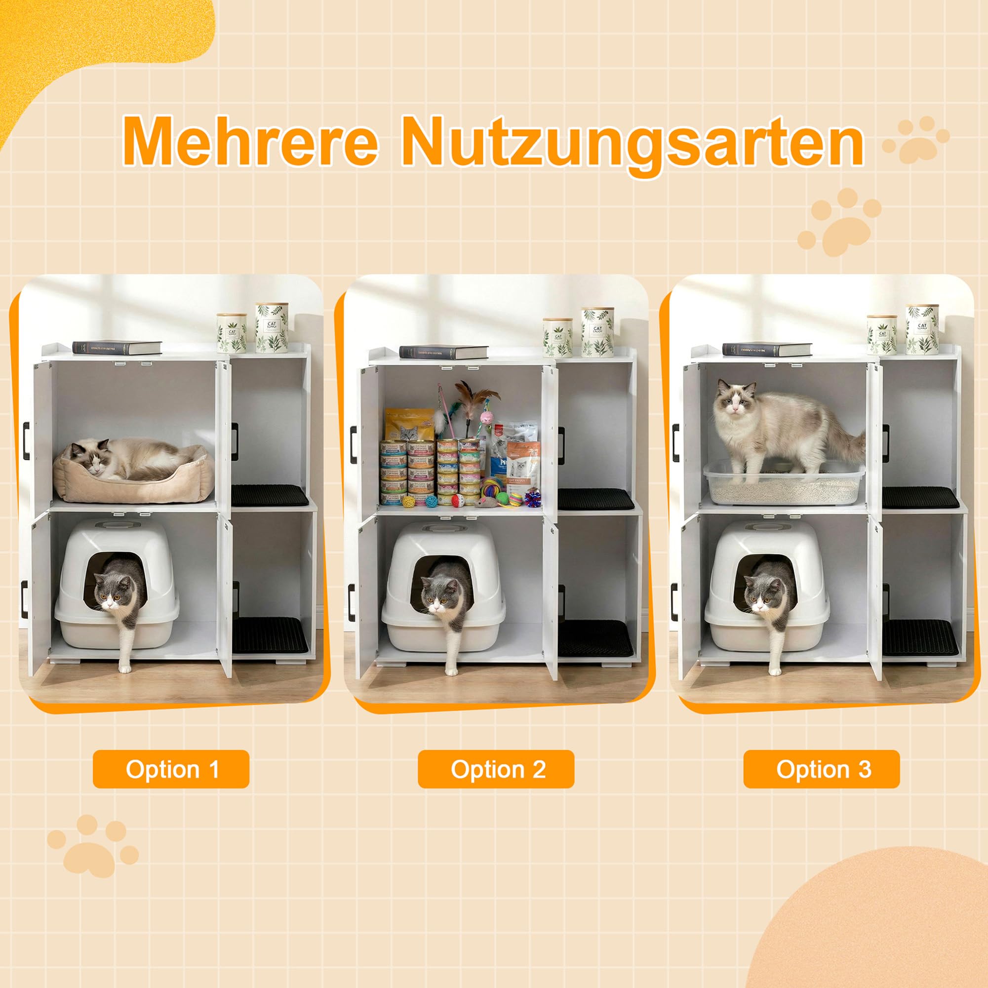 Katzenklo Schrank für 2 Katzen, Katzentoilette Schrank Zweistöckiger, Katzenklo Haus, Katzenhöhle Holz, mit Zwei Katzenstreu-Matten, 80 x 46.5 x 91.5 cm, Weiß