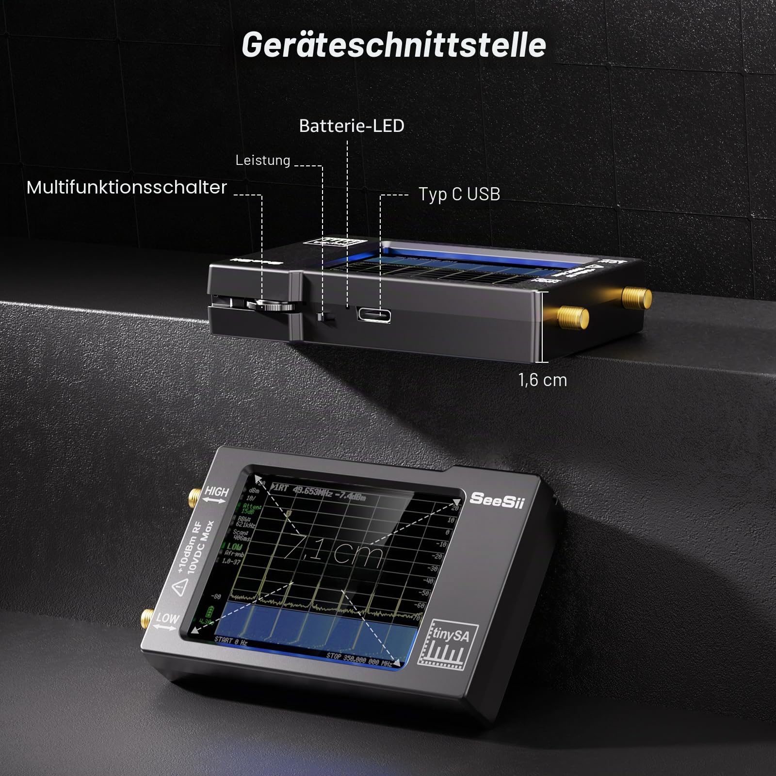 Seesii TinySA Spektrumanalysator - 2,8 Zoll Spectrum Analyzer 100 kHz - 960 MHz Eingang MF HF VHF UHF, Signalgenerator Frequenzanalysator mit Touchscreen mit ESD-Geschützte