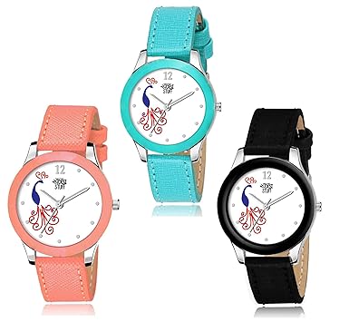SWADESI STUFF Analogue Girls Watch (White Dial Multi Colored Strap) (Pack of 3)