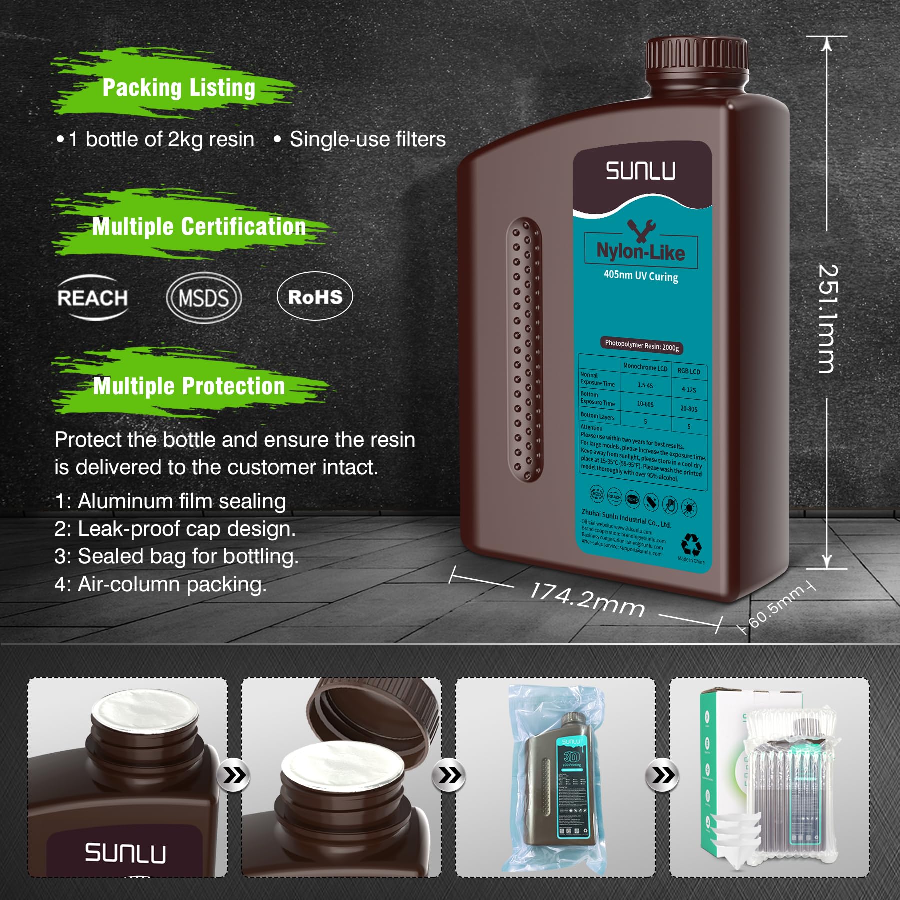 SUNLU Resina fotopolimerica 3D simile al nylon 2KG, ad alta resistenza e durevole, per stampanti LCD/DLP/SLA, indurimento UV 395-405 nm, ideale per parti funzionali, prototipi, 2000 g, nero